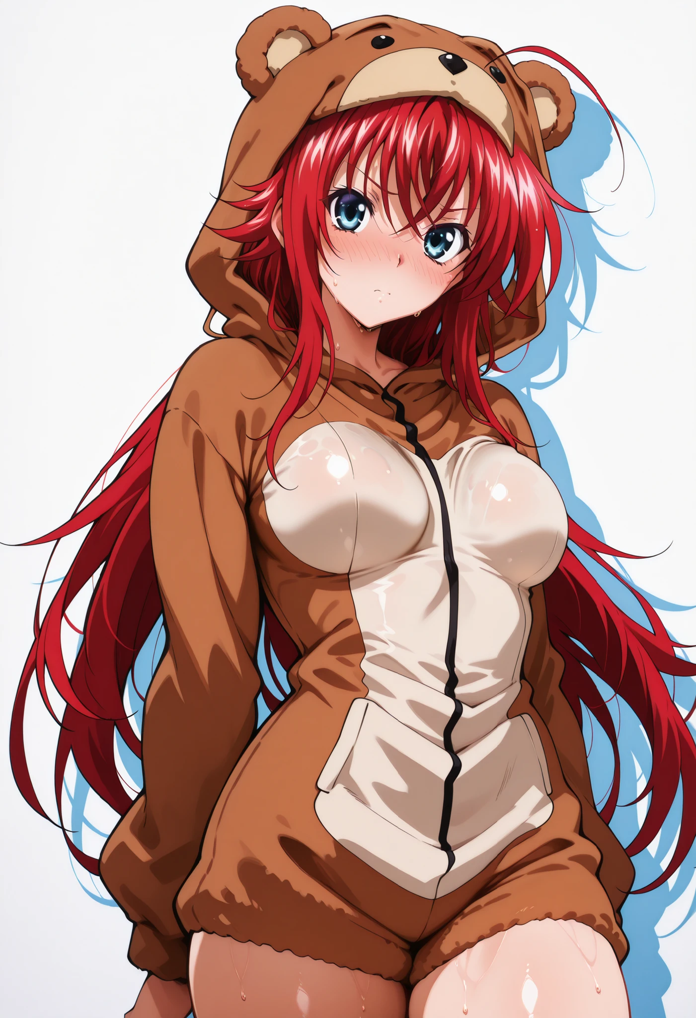 (masterpiece), Anime Style,solo,alone,only 1 girl,Rias Gremory standing, , , COWBOY SHOT, detailed rendering, smooth skin ,, looking at viewer, nose blush, shiny legs, shiny body, shiny hair, clear skin, clear body, sweat, sweaty, sweaty:1.3, solo, thick thigh, thick thighs, solo, female, ,, looking at viewer, , STANDING, POSING, COWBOY SHOT, NICE LEGS, opaque clothes,, ,, solo, , thick thigh, dynamic pose,, ,,,, white background, empty background,, COVERED , bear costume
