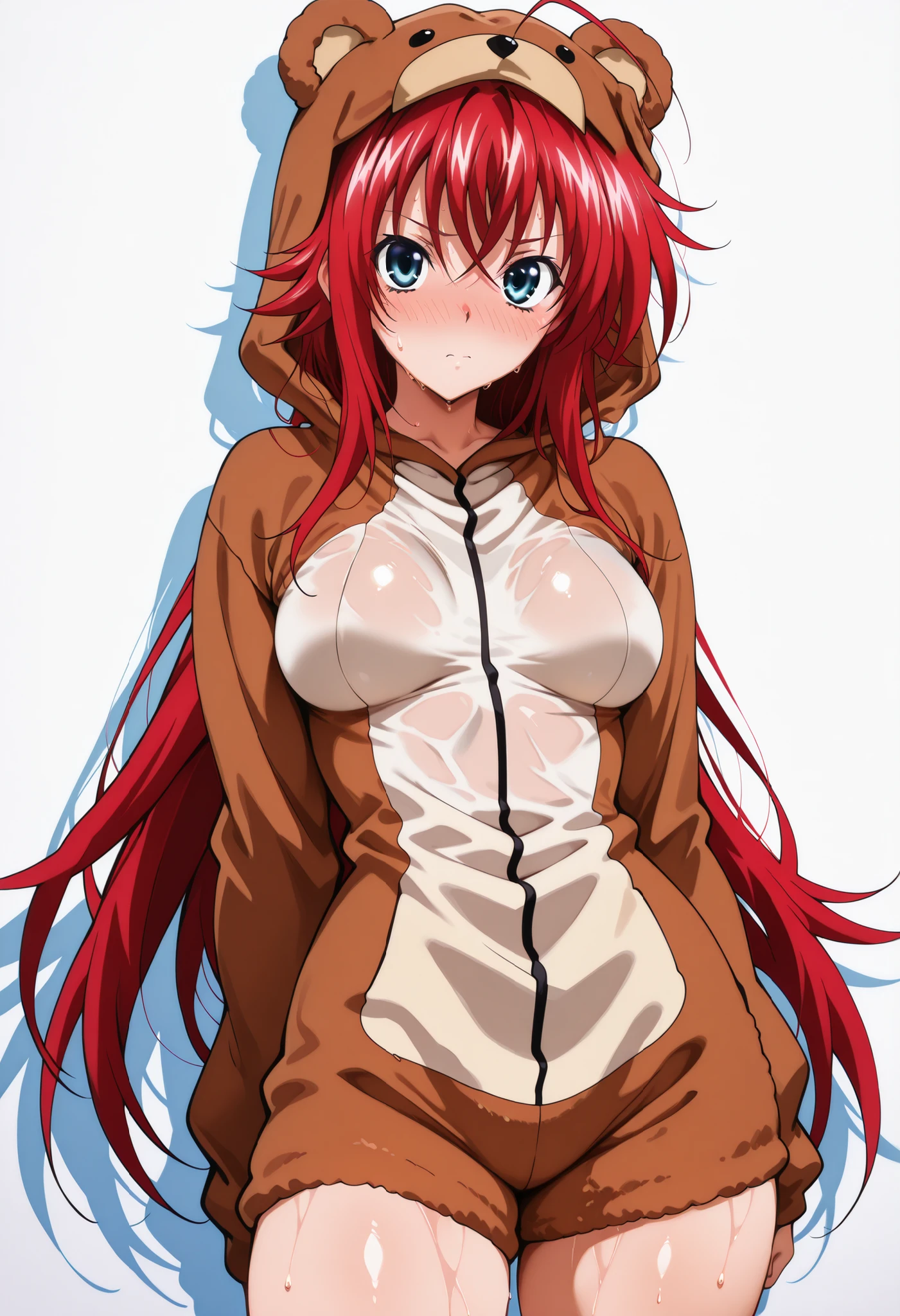 (masterpiece), Anime Style,solo,alone,only 1 girl,Rias Gremory standing, , , COWBOY SHOT, detailed rendering, smooth skin ,, looking at viewer, nose blush, shiny legs, shiny body, shiny hair, clear skin, clear body, sweat, sweaty, sweaty:1.3, solo, thick thigh, thick thighs, solo, female, ,, looking at viewer, , STANDING, POSING, COWBOY SHOT, NICE LEGS, opaque clothes,, ,, solo, , thick thigh, dynamic pose,, ,,,, white background, empty background,, COVERED , bear costume