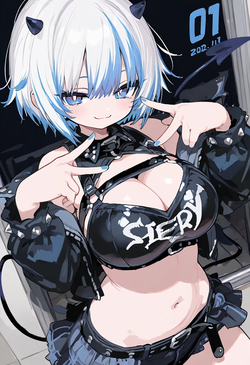 1girl, short_rebellious_hairblue_hair, hair tips to the side, blue_eyes, scary_eyes, short_hair, hair just blue,Big_smile , Evil smile_sharp_wild teeth, looking_at_vi ewer, holding, shirt, pant, animal_ears, blue_ ears, wolf_woman, blue_tail, body_perfect, Milf_body, female_body_muscular ????, ???????????, scar_on_thighs, scar_on_the abdomen,vampire slayer_outfit, outfit Black and White