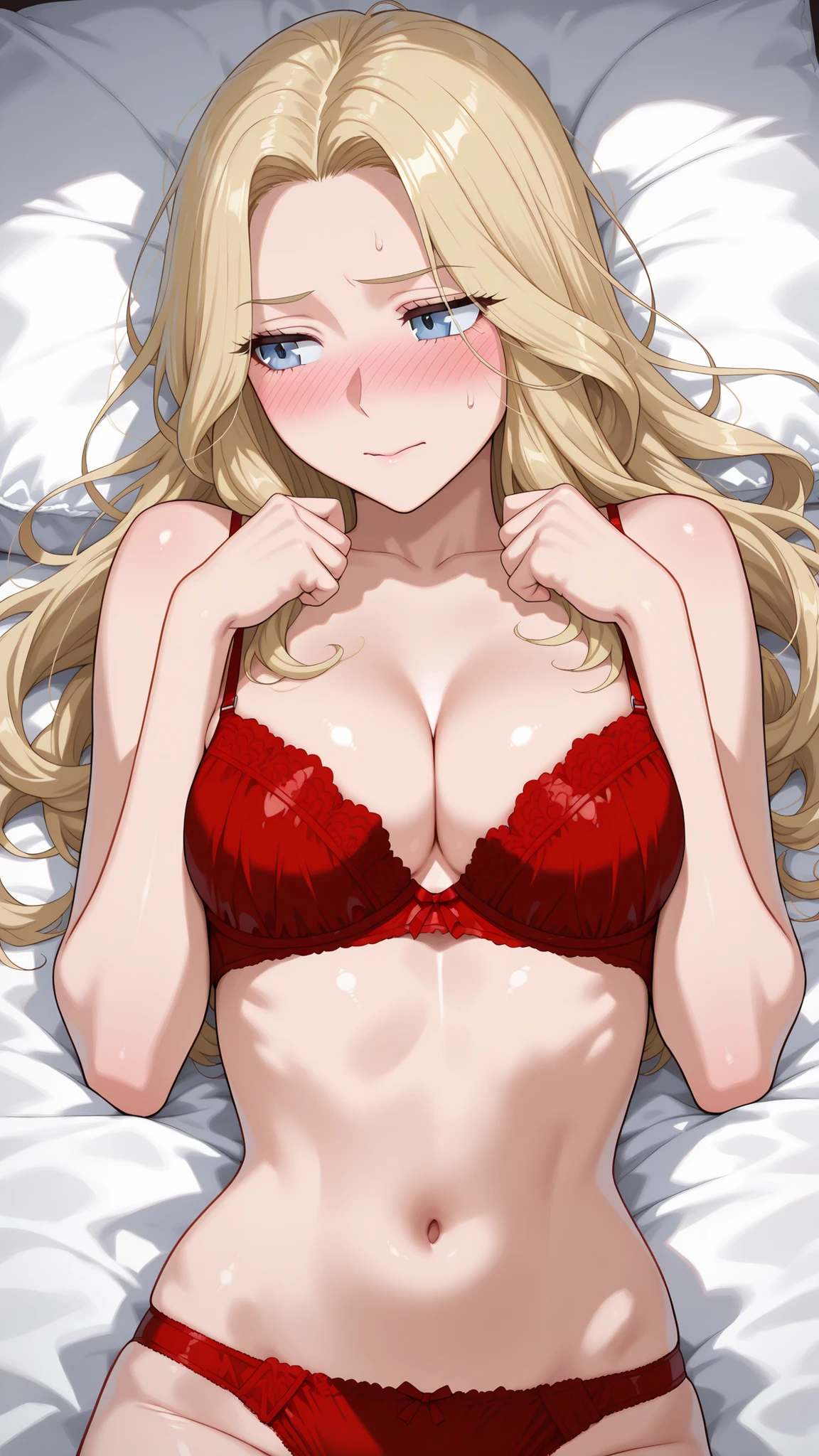 (masterpiece, very aesthetic, absurdres, expressive, perfect face, cartoon style, solo,)  
(White background:0.9),
( with long blonde hair, blue eyes and :1.0), (wearing red bra and red panties:1.1), (high quality detailed art of  blonde girl with long hair blue eyes and , midriff, navel, looking away, blush, cold expression, lying on back in bed, shy pose, expressive:1.2),