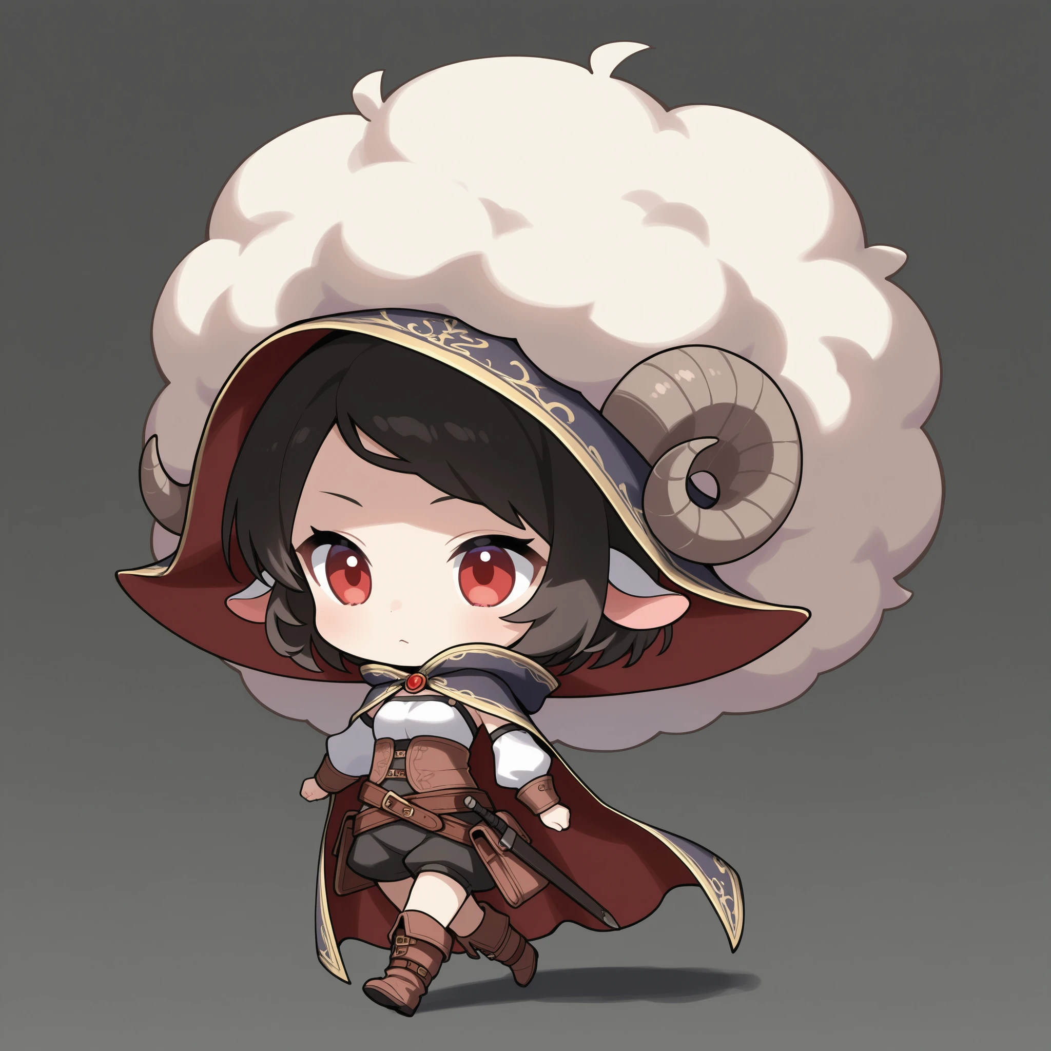 deformed、cute、solo, Only sheep、Sheep only、Sheep man、Red Eyes、2-speed walking sheep、top and bottom fantasy clothes、wrap the body in a cloak、Big hat on head、