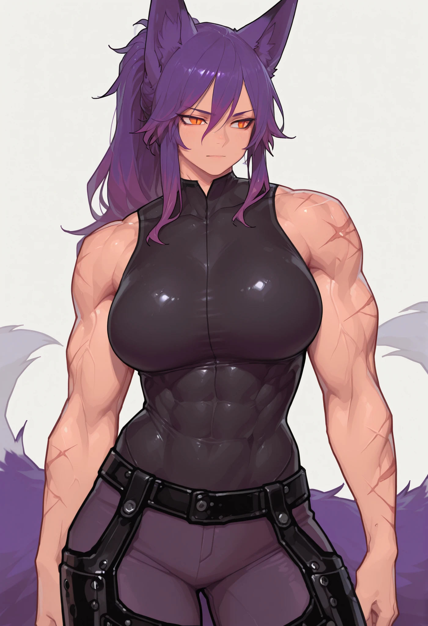 gorgeous kitsune girl, beautiful face, kitsune, purple color hair, hunter girl, orange eyes, slit pupils, detailed eyes, personalami style, volputrous body, covered breasts, curvy and athletic, kitsune ears, ponytail hair, fox tail, lean muscles, black bodysuit, pants, leather armor, bare arms and neck, scars on arms, light abs, calm, lean but muscular arms and legs, athletic body, fox ears, dominant expression, long hair, masterpiece, ultra definition, simple white background, dnd