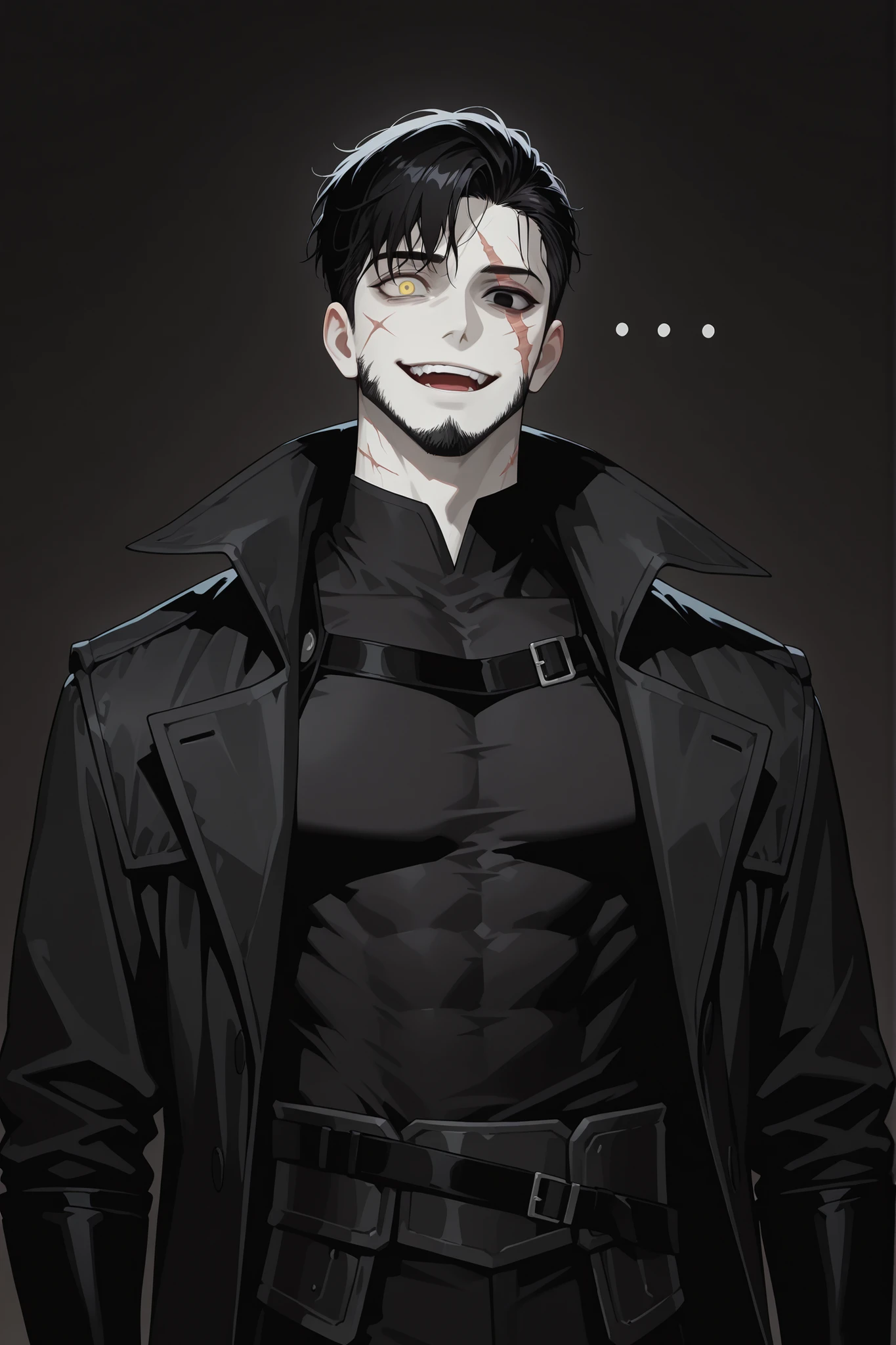 solo, 1boy, dnd, mature male, pale skin, black hair, short messy haircut with shaved temples, heterochromia, one yellow eye, one black eye with a white dot, muscular body, crazy, a scar taking half of his face, scars, cut beard, crazy wide smile, detailed face, long open black coat with a high collar, form-fitting outfit under coat, black pants, black gloves, ominous vibe, eerie atmosphere, athletic, pose and expression suggest a lost of control and madness, BREAK dark background, portrait, upper body focus