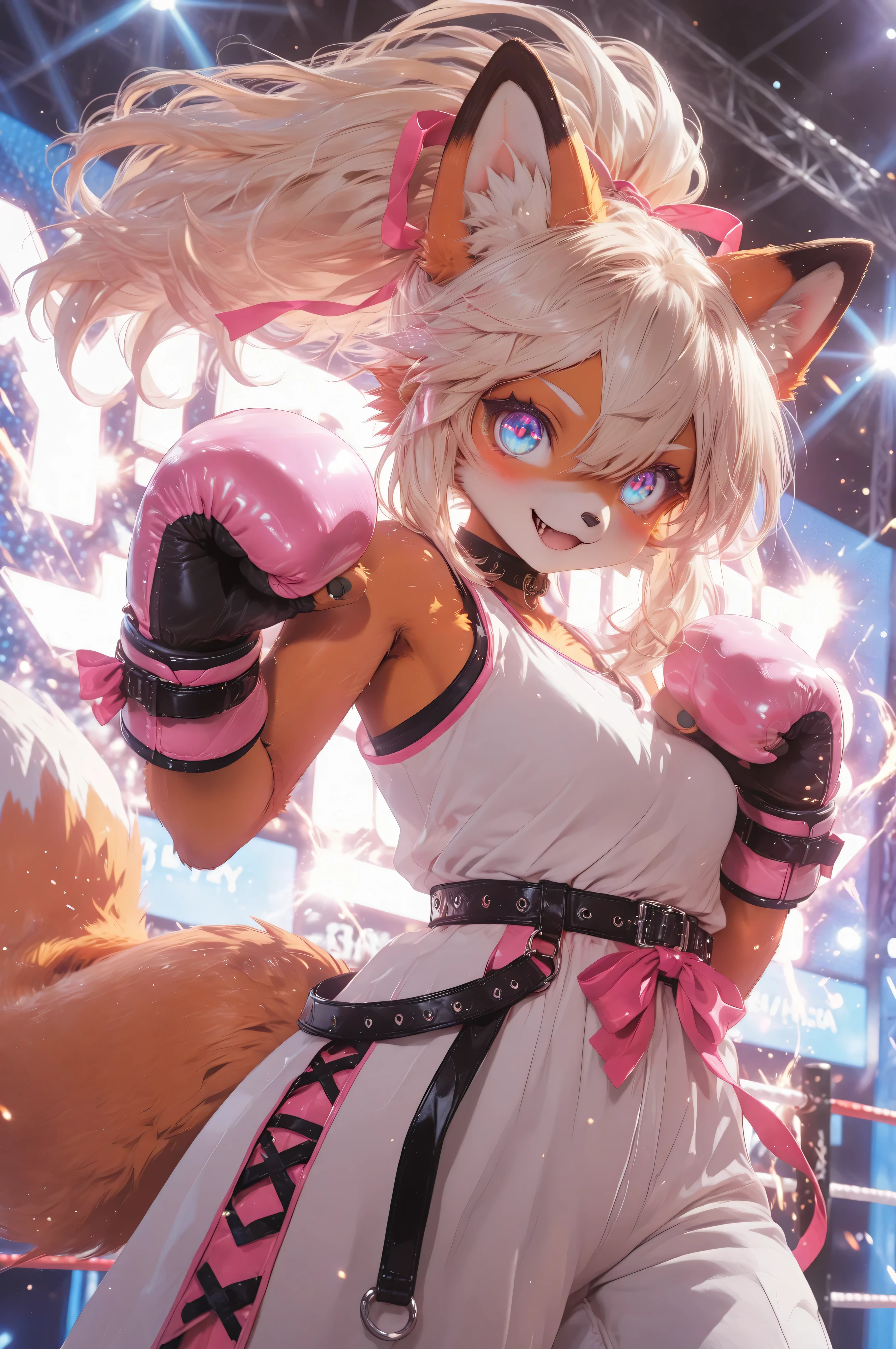 cute furry anime girl fighter, fox-based anthro moé girl with fluffy fox ears and tail, long ponytail, wearing a stylish boxing outfit with ribbons and belts, standing in a colorful arena glowing with energy effects, smiling confidently in a dynamic fighting pose, spark and wind effects swirling around, soft pastel tones, bright lighting, expressive big eyes, detailed fur texture, cute and powerful atmosphere, high quality anime illustration