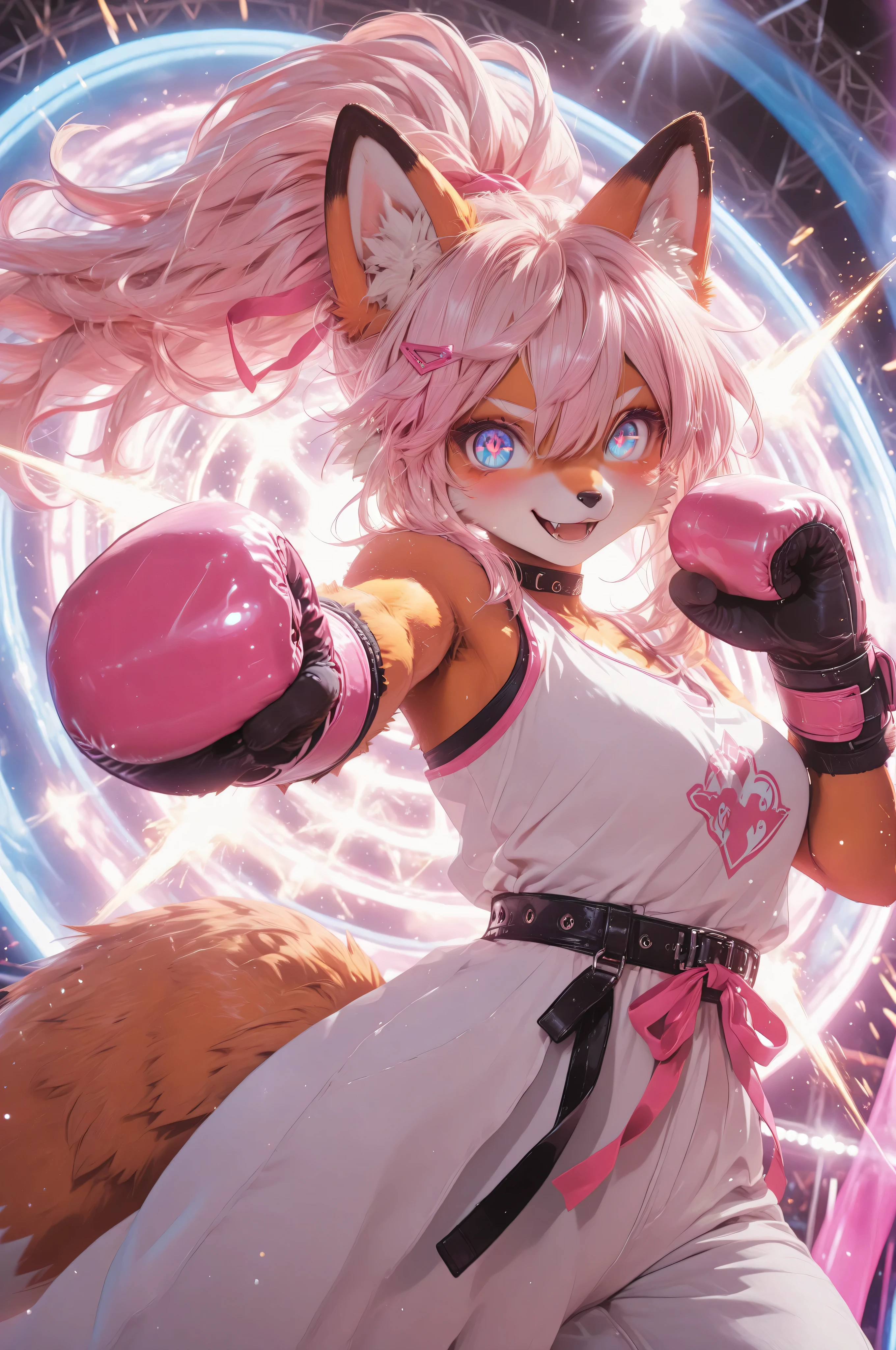 cute furry anime girl fighter, fox-based anthro moé girl with fluffy fox ears and tail, long ponytail, wearing a stylish boxing outfit with ribbons and belts, standing in a colorful arena glowing with energy effects, smiling confidently in a dynamic fighting pose, spark and wind effects swirling around, soft pastel tones, bright lighting, expressive big eyes, detailed fur texture, cute and powerful atmosphere, high quality anime illustration