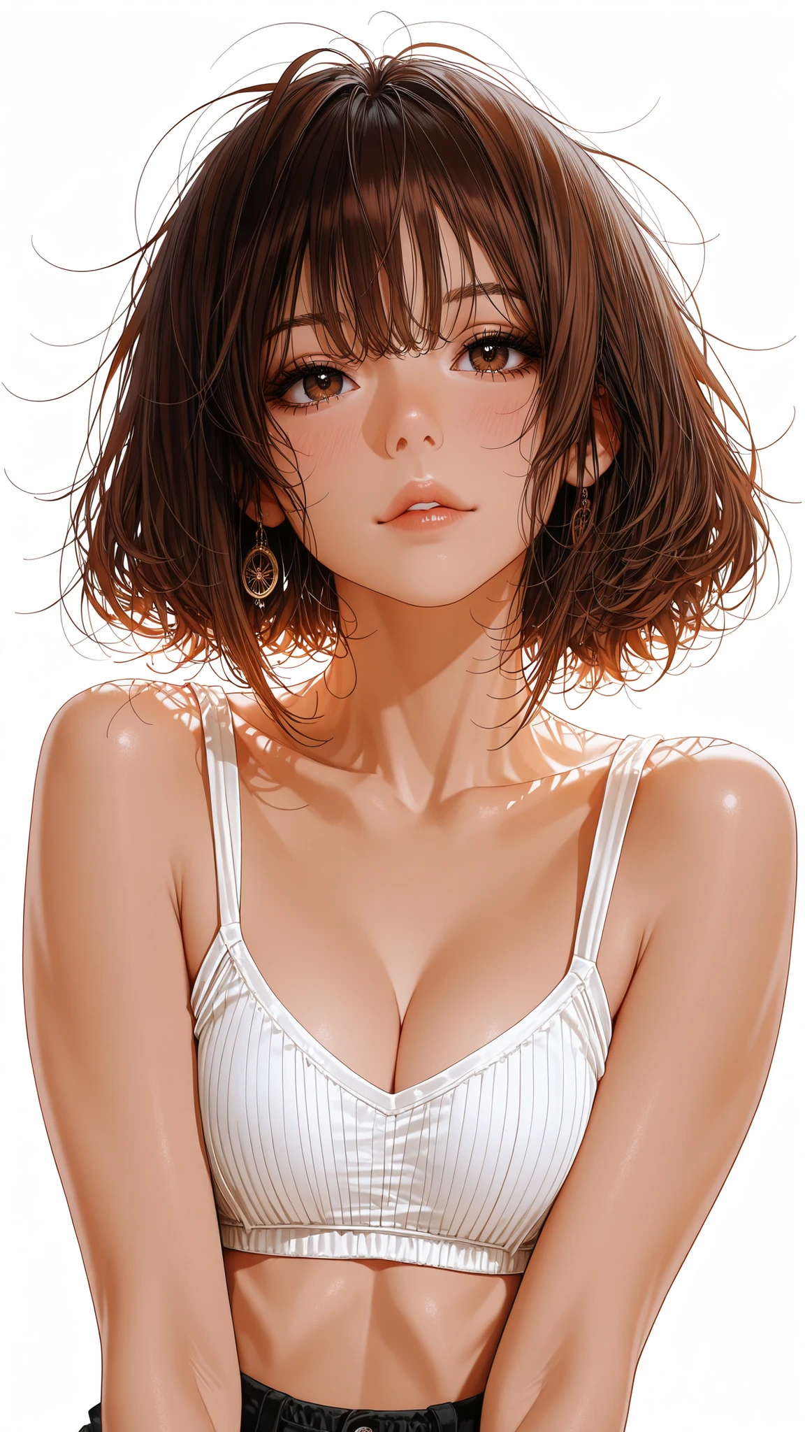 The golden ratio, Proper composition, white background, BEAUTIFUL ILLUSTRATION, (masterpiece, detailed:1.2), maorix,score_9, score_8_up, score_7_up, score_6_up, score_5_up, 1girl, redhead wolfcut hairstyle, 8k, super quality, beautiful Japanese woman, teen, detailed eyes, careful brown iris, transparent brown eyes, high resolution, A woman in a waist-up shot, detailed skin, detailed face, A woman posing confidently, head slightly tilted, hands lifting her messy hair, and lips slightly open as if expressing playfulness. Natural lighting, casual portrait style