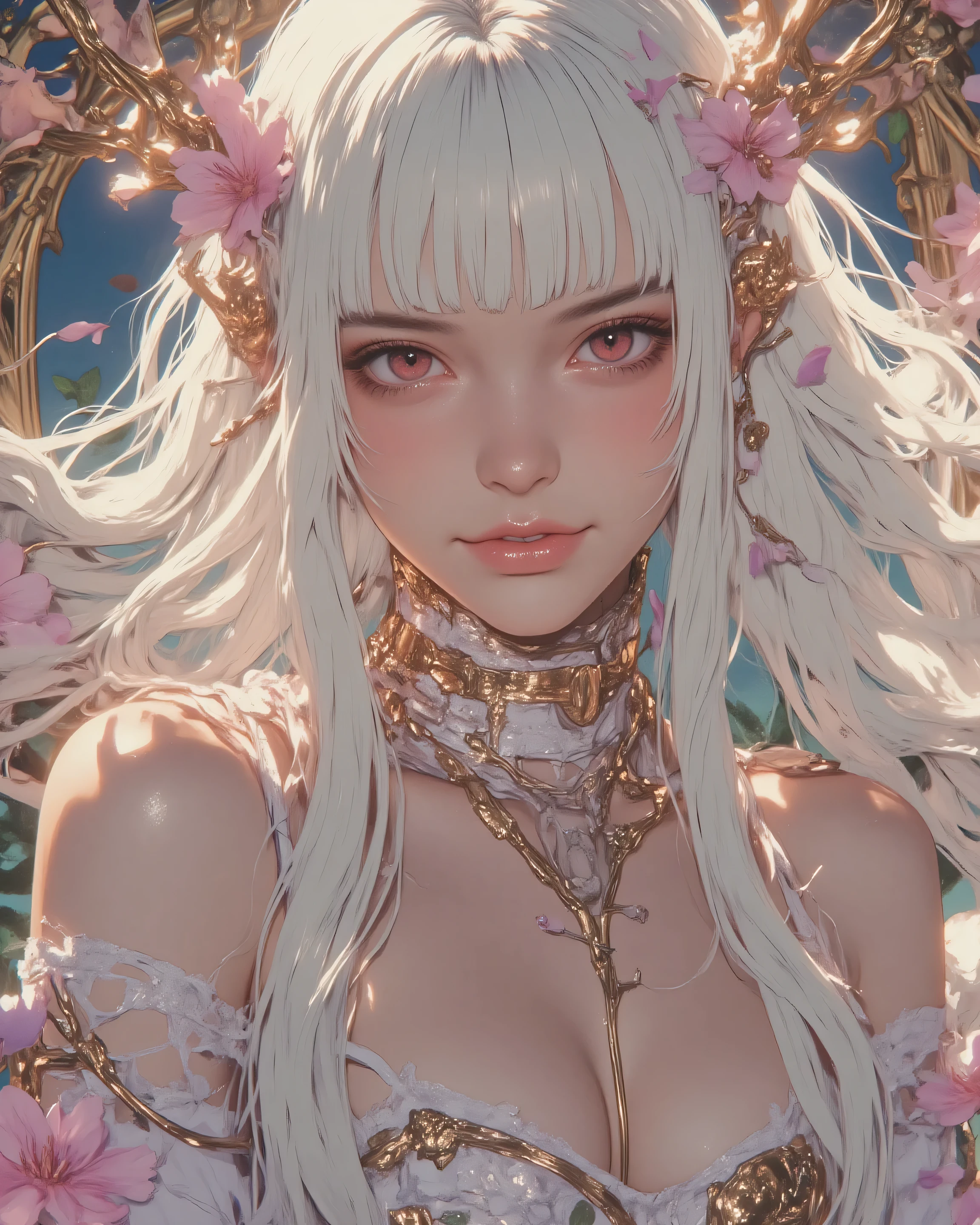 A seductive portrait of LUNA as the ethereal Elven Queen, an 16-year-old woman with flawless porcelain pale skin glowing with a soft pearly sheen like polished marble, anatomically perfect slim and gracefully curvaceous body, long flowing white hair with delicate pink and rose gold highlights shimmering like moonlight, adorned with intricate pastel-colored flowers and golden vines woven into her hair and around her neck, pointed elven ears peeking delicately through her hair, her face blending the gentle softness of classic LUNA's tender beauty with an exuberant and seductive smile full of playful mischief and subtle invitation, sparkling pinkish-red eyes wide with delight and a hint of sultry warmth, long lashes fluttering coyly, soft ethereal glow on her features, highly detailed intricate facial features, ultra-detailed skin texture with flawless white purity and luminous pearly highlights, intricate floral and vine patterns on hair and neck with dew-kissed petals in pastel pinks, lavenders, mint greens, and subtle golds, luxurious silk-like hair strands with fine highlights catching light, dynamic lighting with soft pastel bokeh background of blooming enchanted flower gardens at twilight with golden frames and floating petals, she poses with elegant allure, one hand lightly resting on her hip to accentuate graceful curves, wearing a form-fitting elegant royal gown with sheer lace accents and gold embroidery that subtly hints at her silhouette in tasteful sensuality, masterpiece, best quality, 8k resolution, hyper-detailed, cinematic composition, intricate details everywhere, volumetric god rays filtering through flowers, subtle fantasy aura