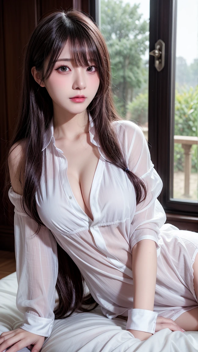 Special clothes44,lace trim,midriff,shirt,miniskirt, (knee shot), (8K, RAW photogr, lifelike:1.25),(inside a classroom, sitting on desk), a warm color palette, Color saturation, ( Gloss on lips, eyelash, Grossas, shiny skin, best quality, ultra high definition, depth of field, Color difference, Caustics, Extensive lighting, natural shadow, K-pop idol) Looking at the audience with calmness and goddess-like happiness,