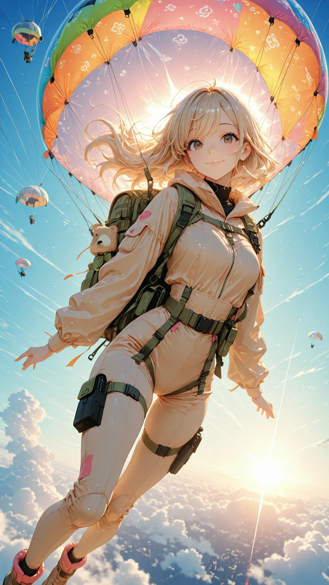 lovely_Study by focusing on Chu , this_0001, 1girl, long beige hair, Her Hair Is Blowing in the Wind, brown eyes, Above, clear, parachuting, open the parachute, Smile, Dynamic Action, staring at the viewer, , colorful