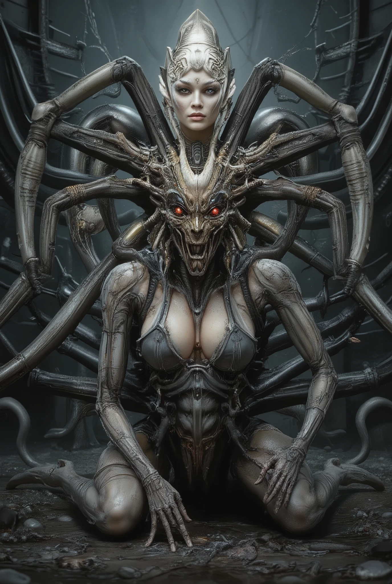 "realistic seductive spider queen, female humanoid upper body fused with monstrous spider legs, dark chitin armor, bioluminescent red eyes, multiple eyes on forehead, pearl white and golden and crimson tones, highly detailed organic textures, seductive expression, erotic fantasy horror setting, dramatic studio lighting, ultra-realistic, 8k, digital art"
