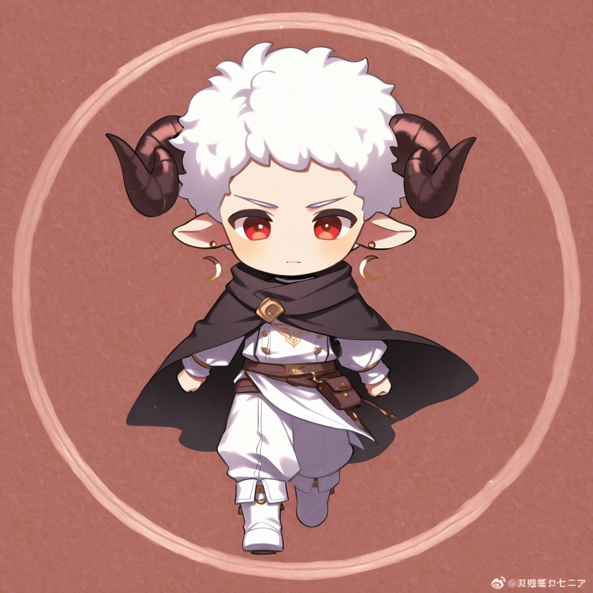 deformed、cute、solo、 Boy、Only sheep、Sheep only、Sheep man、Red Eyes、2-speed walking sheep、top and bottom fantasy clothes、wrap your body with a black cloak、white afro 、white clothes、white boots、2 large circle earrings in the right ear、Ram's horn、