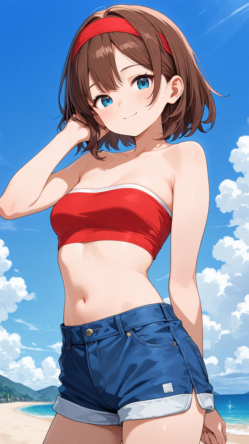 best quality, masterpiece, highres, solo, {hiryuu_kantaicollection:1.15}, short_hair, brown_hair, brown_eyes, one_side_up, smile, breasts, blush, large_breasts, open_mouth, 1girl, blue_sky, cloud, day, looking_at_viewer, outdoors, sky, swimsuit, upper_body, bikini, blue_jacket, grin, long_sleeves, official_alternate_costume, striped, from_below, jacket, navel