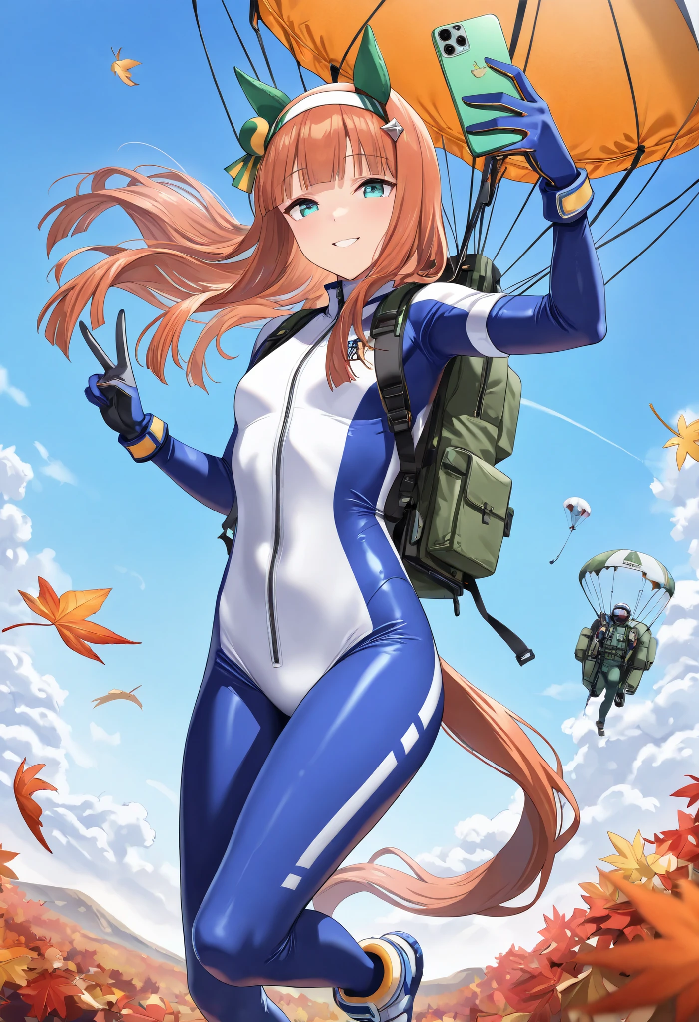 (masterpiece, best quality, perfect face:1.4), wide angle, silence suzuka \(umamusume\), horse ears, ear cover, white headband, small breasts, horse tail, tail on the lower back, proportional body, proportional,1 girl, beautiful hair, beautiful face, beautiful detailed eyes, beautiful clavicle, beautiful body, beautiful chest, beautiful thigh, beautiful legs, beautiful fingers, looking at viewer, BREAK, from below , midair, falling, ((parachute attached to back, show entire parachute )), smile, taking selfie, holding phone, peace_sign, skydiving outfit, BREAK (( autumn leaves of trees below)), flowers blooming in the garden in the fall season in far distance, in motion, distant Cosmos, finely drawn hair, blue sky, (sharp lines:1.1,((dutch angle)), BREAK, Ergonomically Correct Body, textured skin, realistic skin, HDR, BREAK, (perfect hands, perfect anatomy),