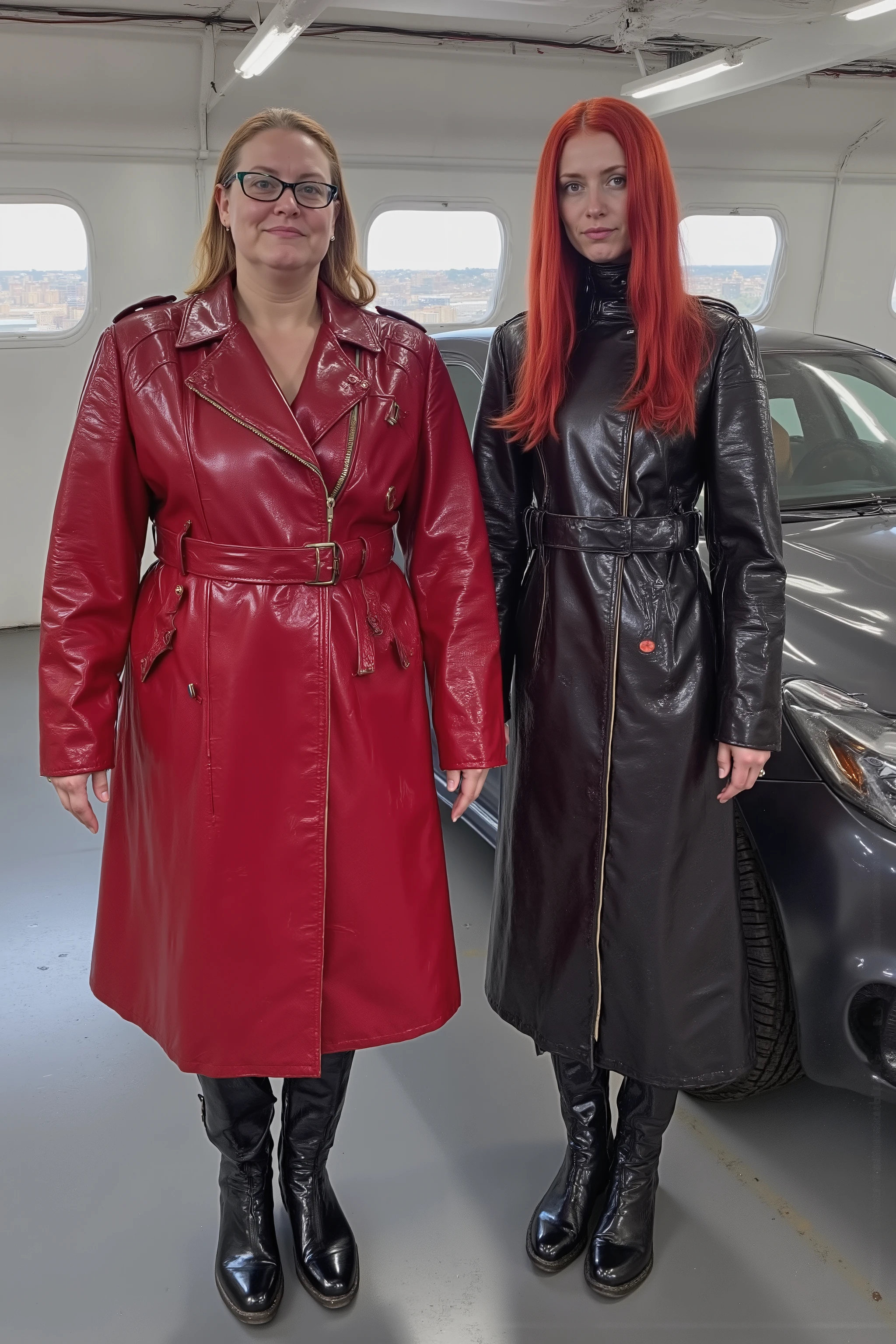 a wide angle image of a 54 year old extremely obese plus-size woman pound woman wearing a red and pink GothTrench with a black belt, the woman stands next to a 38 year old woman that is tall and thin with long red hair, the 38 year old wears a black red and yellow cafe racer jkt vintage leather jacket that is perfectly waxed and has minimal scratches, the 38 year old wears black and red leather boots, the women stand inside of an orbital space station near a concept car that is sleek futuristic and has four doors, the vehicle is a sports sedan and there is a "SRAMA" logo on the side of the hood, the ladies stand near the vehicle inside of a futuristic space station with large windows overlooking the stars and vastness of space, the women have detailed hands with light wrinkles