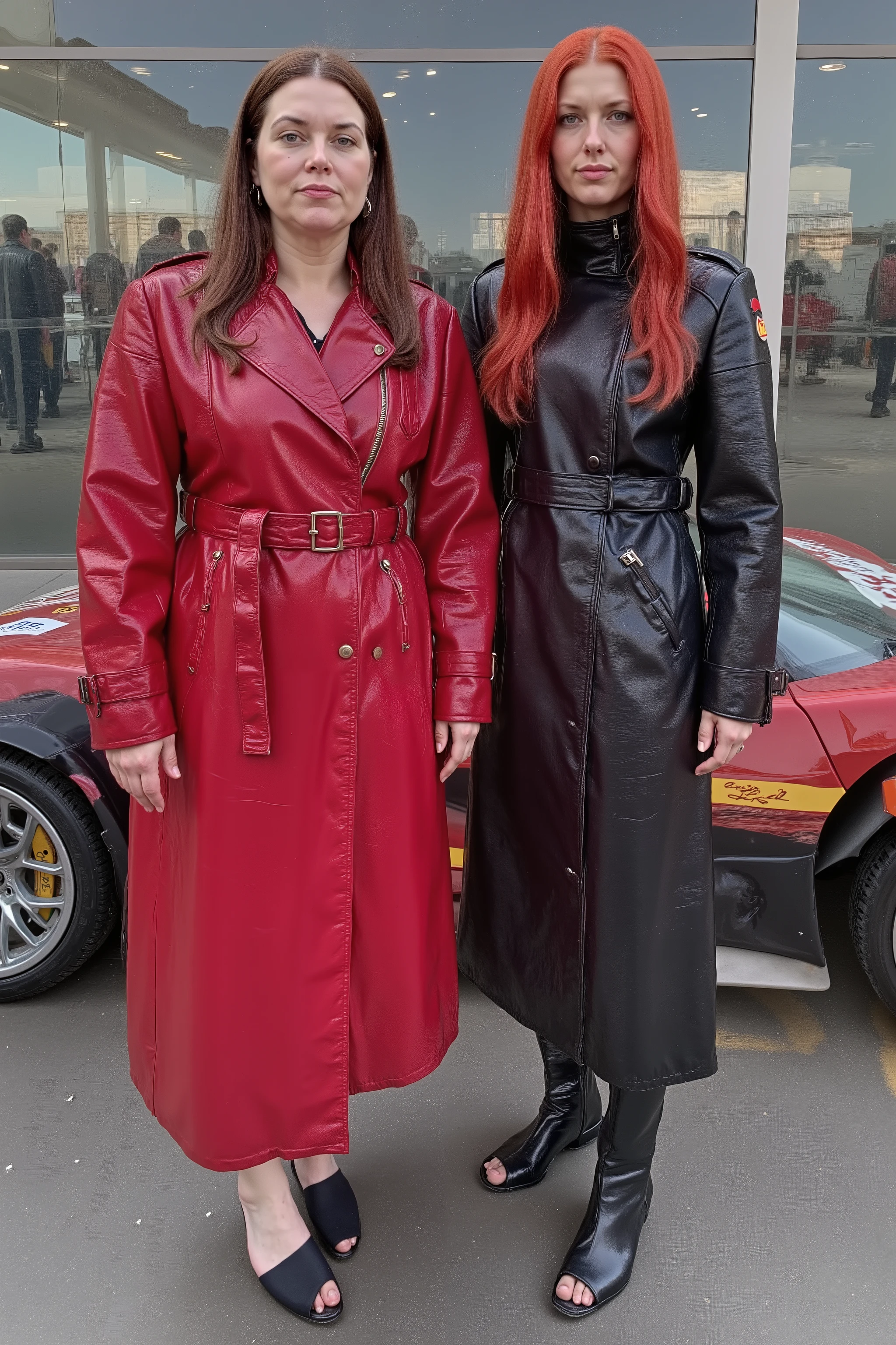 a wide angle image of a 54 year old extremely obese plus-size woman pound woman wearing a red and pink GothTrench with a black belt, the woman stands next to a 38 year old woman that is tall and thin with long red hair, the 38 year old wears a black red and yellow cafe racer jkt vintage leather jacket that is perfectly waxed and has minimal scratches, the 38 year old wears black and red leather boots, the women stand inside of an orbital space station near a concept car that is sleek futuristic and has four doors, the vehicle is a sports sedan and there is a "SRAMA" logo on the side of the hood, the ladies stand near the vehicle inside of a futuristic space station with large windows overlooking the stars and vastness of space, the women have detailed hands with light wrinkles