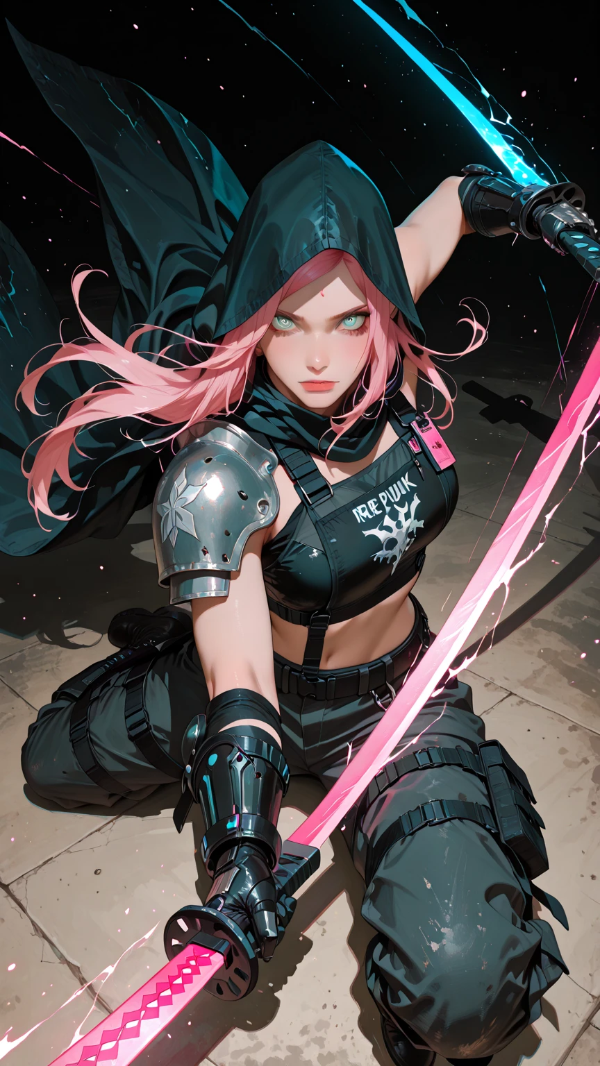 woman holding a daggers, visible belly, short skirt, pinkamena with very long knifes, one girl, evil face, battle pose, full body, one girl, battle style, ninja with long knifes, long knifes, ninja, sexy pose, pink hair, dynamic pose, long pony tail, mouth Mask, two hand knifes, very short shirt, aggressive, pink cat ears on head, scary, 