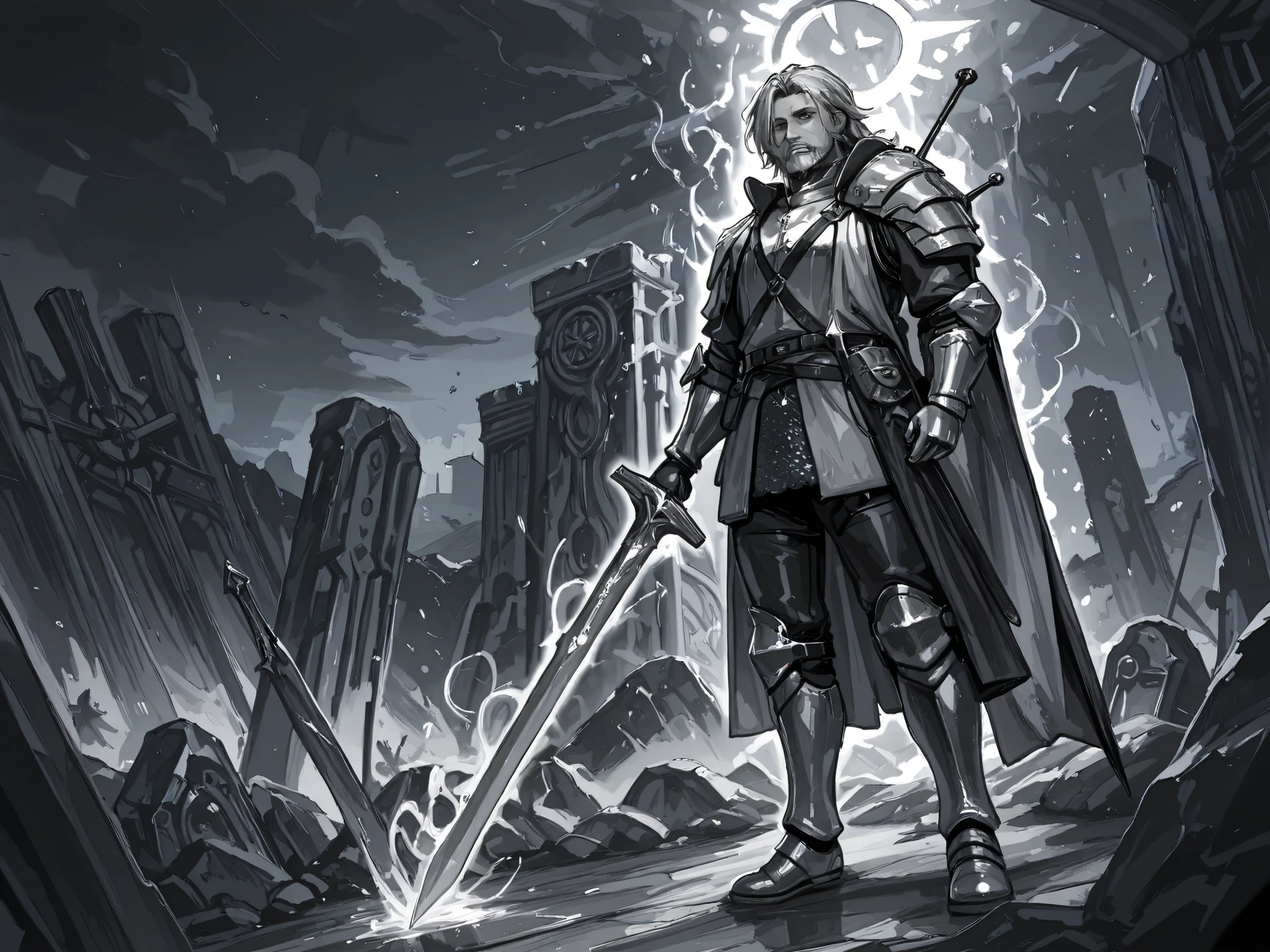 ((detailing)),(Masterpiece, best quality, ultra detailed illustration), cinematic. Johannes Liechtenauer facing DIRECTLY TOWARD VIEWER, his aged face with long grey beard and piercing eyes. He wears functional medieval combat attire with chainmail and worn leather. He stands holding a massive Zweihänder longsword resting on his shoulder, the blade polished to a mirror finish reflecting silver light. Around him, PURE SILVER geometric diagrams and  runes float in the air — sharp angles and fencing vectors glowing with bright metallic silver energy. The background is a foggy night with moonlight creating silver highlights on stone ruins. The entire color palette is monochrome - black, white, silver and shades of grey. A radiant silver aura surrounds him and his sword. only metallic silver and monochrome atmosphere.

--ar 2:3 --niji 6 --style expressive