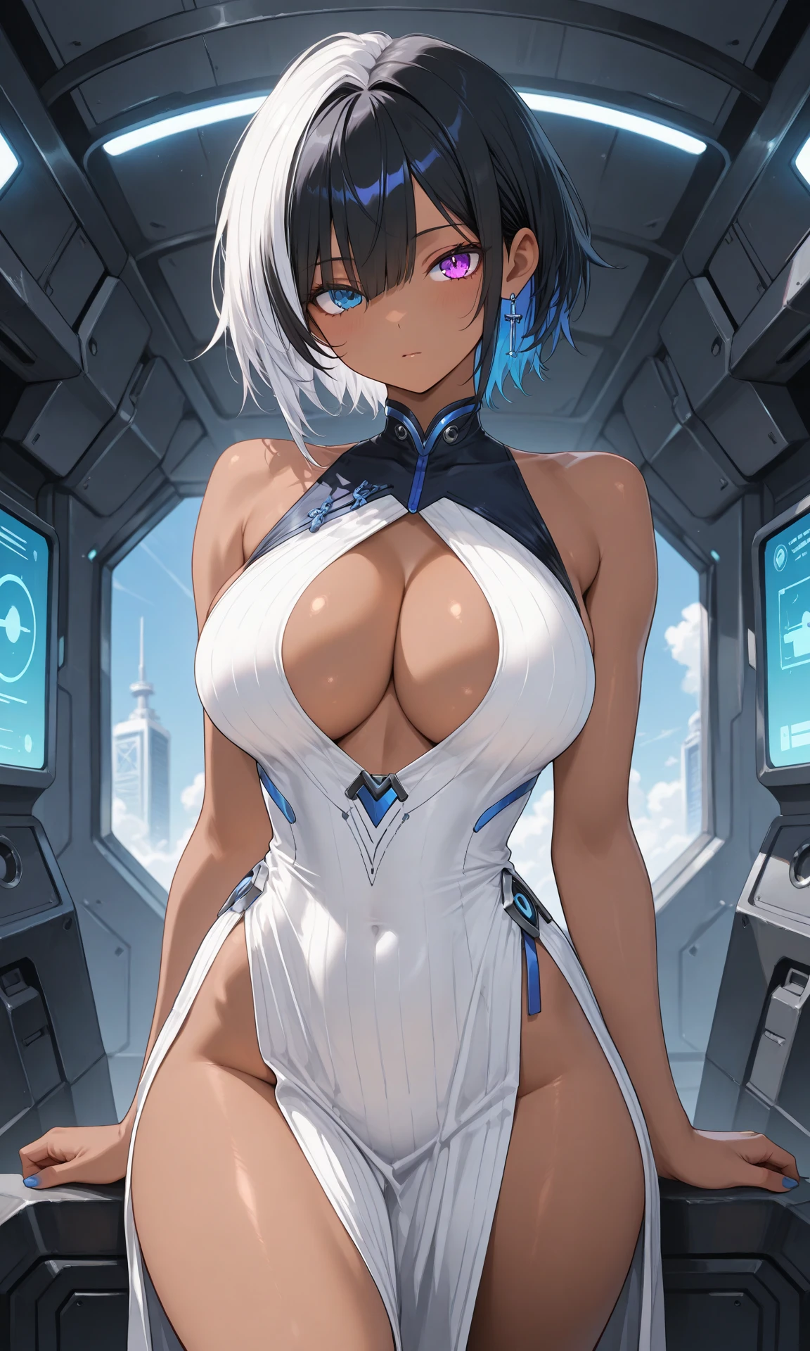 (big breasts),(masterpiece, highest quality )be familiar with, 1 text ,  pastel color fading , Cell shade , soft, Calm colors ,Gentle colors , blue archive art style battle:
She wears a costume that combines Sword Art Online and futuristic clothing. , Beautiful woman , Skinny Build , short bob hair style , light blue hair , purple eyes , white skin, , short  , 30 years old,Navel exposed,(cleavage)