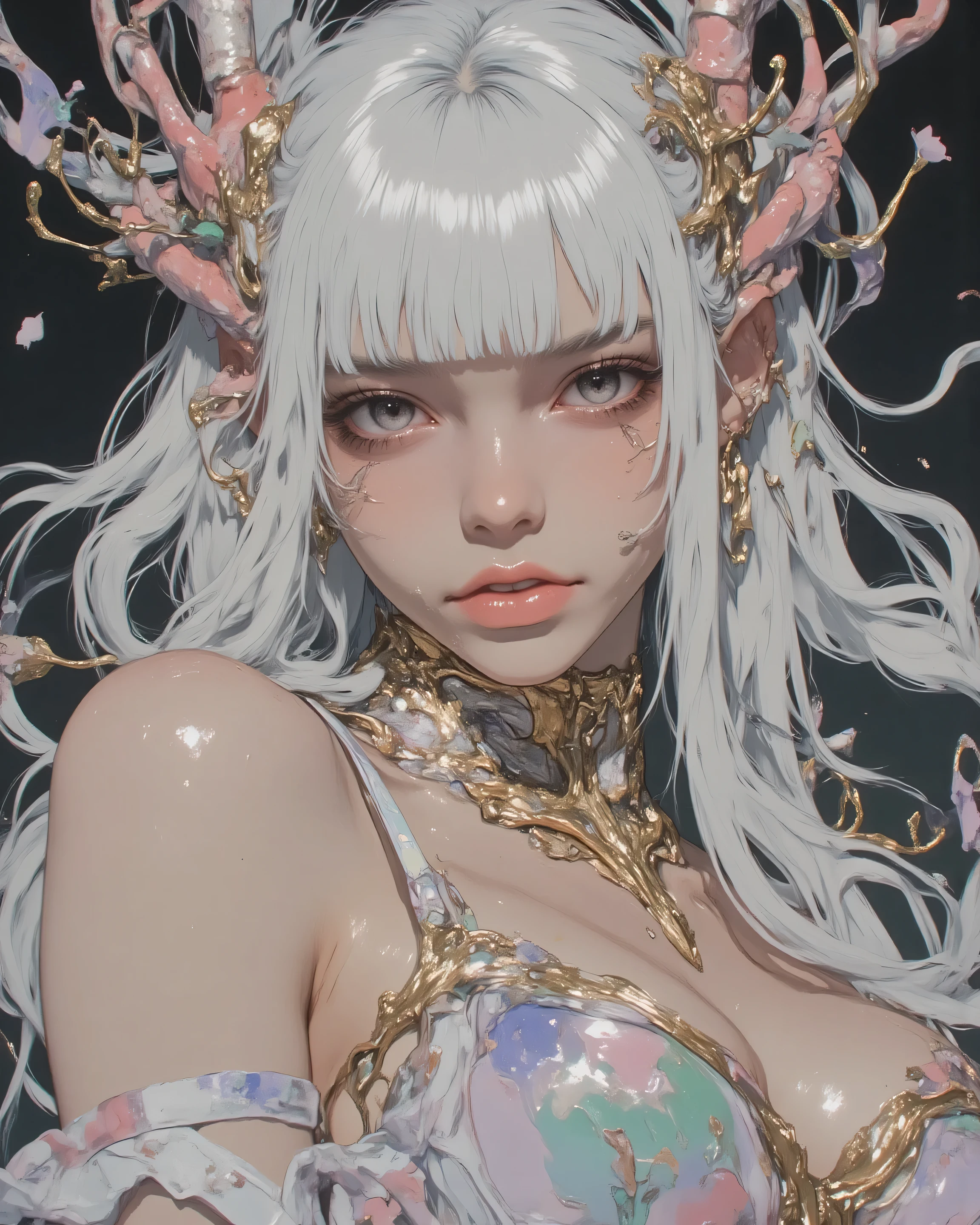 An overwhelmingly erotic and hypnotic full-body portrait of LUNA as the ethereal Elven Queen in rapturous abandon, an 18-year-old woman with flawless porcelain pale skin glowing with a soft pearly sheen like polished marble, now slick with a tantalizing sheen of aroused perspiration that traces rivulets down her heaving curves, her anatomically perfect slim yet voluptuously curvaceous body arched in ecstasy—full, pert breasts thrust forward with hardened peaks straining against gossamer fabric, narrow waist flaring to wide hips and toned thighs parted in brazen invitation, long flowing white hair with delicate pink and rose gold highlights shimmering like moonlight, wildly tousled and spilling over her bare shoulders like a lover's caress, adorned with intricate pastel-colored flowers and golden vines that snake teasingly from her hair down her neck, across her collarbone, and coil possessively around her exposed midriff and thighs like silken bonds, pointed elven ears peeking delicately through her disheveled tresses, flushed with desire, her face blending the gentle softness of classic LUNA's tender beauty with an exuberant, feral seductive smile full of raw, insatiable mischief and a predatory sultry hunger that promises untold pleasures, sparkling pinkish-red eyes half-lidded in throes of passion with a scorching gaze locked on the viewer in raw, unfiltered lustful command, long lashes heavy and fluttering with overwhelming need, soft ethereal glow on her features amplified by a deep crimson flush spreading from her cheeks to her swollen lips parted in a breathless moan, highly detailed intricate facial features with beads of sweat glistening on her brow, ultra-detailed skin texture with flawless white purity, luminous pearly highlights, and erotic translucency where fabric clings wetly to her form, intricate floral and vine patterns on hair and neck with dew-kissed petals in pastel pinks, lavenders, mint greens, and subtle golds that unfurl like blooming arousa