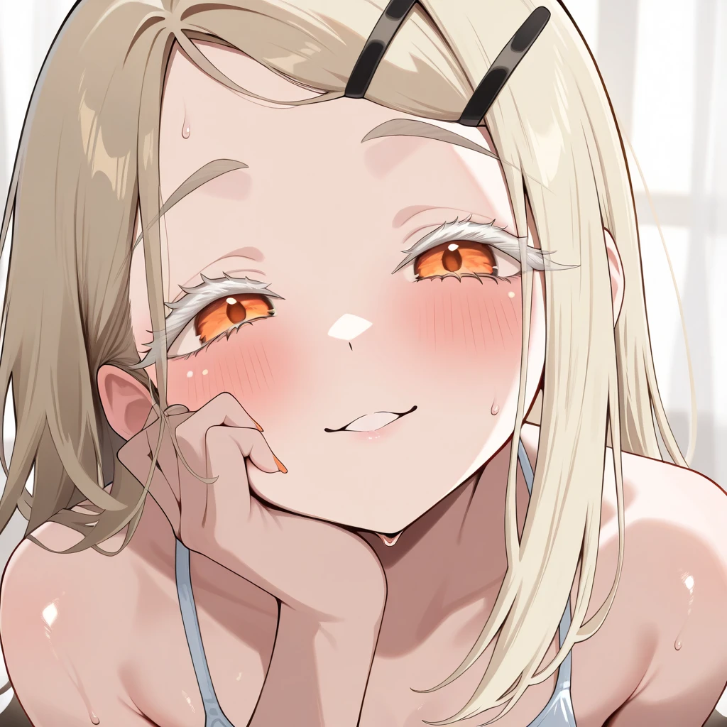 masterpiece, best quality, highres, 4k, ray tracing, intricate details, highly detailed, (From the point of view of a young weak  male with a tiny metal  and big .), (1girl:perfect face, cute, small breasts 1 girl, Maka albarn is a very young blonde anime girl from soul eater wearing her uniform.) Smug expression, SPH, small  humiliation, on public, Background girls looking amused, POV.