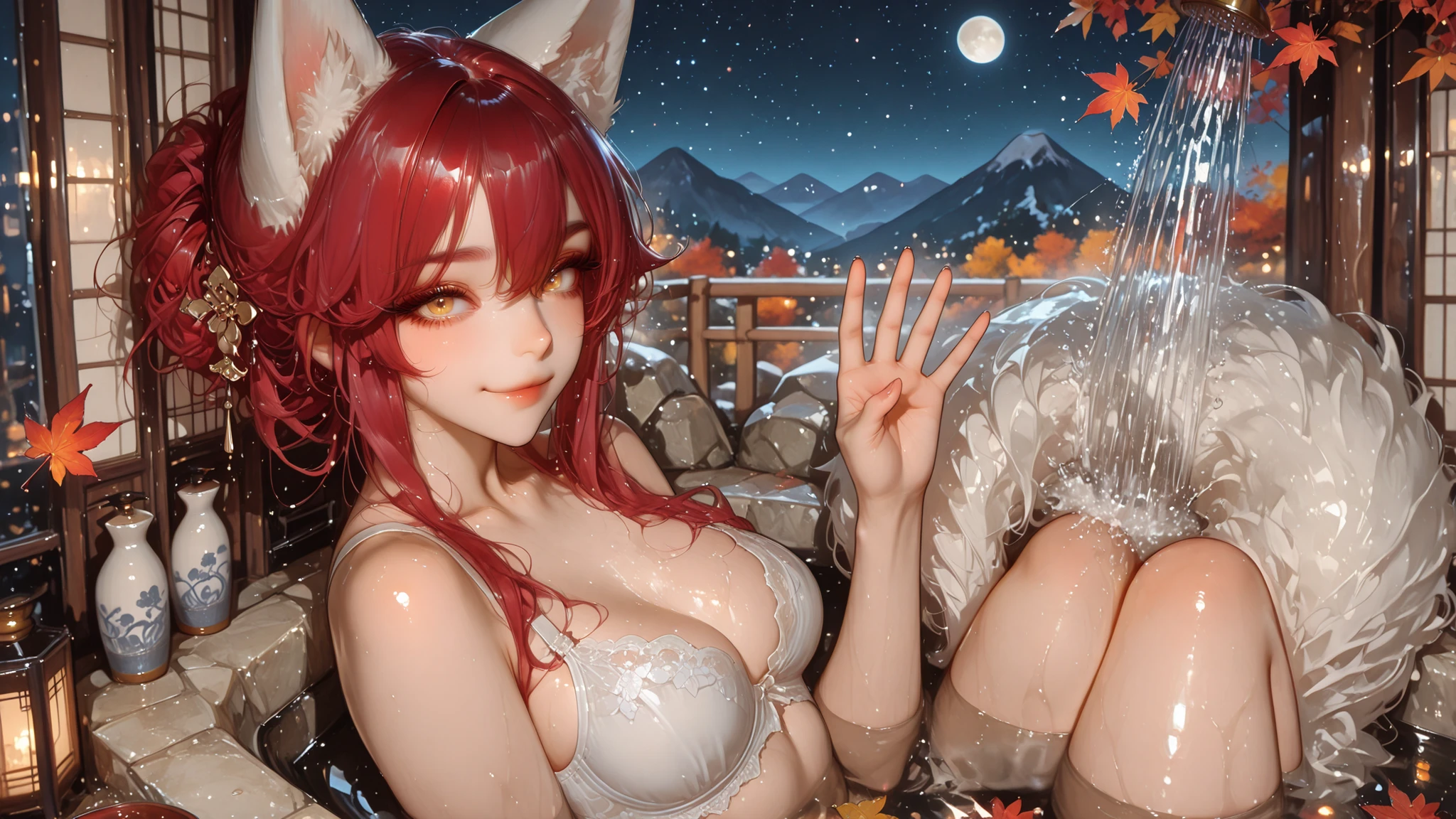 women (hồ ly, fox) fairy bathing in a hot spring , nine beautiful tails , graceful figure , long red hair , golden eyes , có những đặc điểm của một người phụ women , smooth skin , fluffy tail , Half man shower , outdoor shower , Natural stone hot spring , soup smoke , blurred atmosphere , on the night of the full moon , starry sky , Mysterious light falling on the bathtub , Japanese style landscape , mountain background , autumn leaves , enchantment , Inviting gaze , smile , One-handed hair-raising gesture , a wonderful atmosphere enveloped in steam , soft light , Warm tones , luster shimmering light , mystical attractiveness I tried to show the mystical appeal of a beautiful glass , shiny skin, white bra
