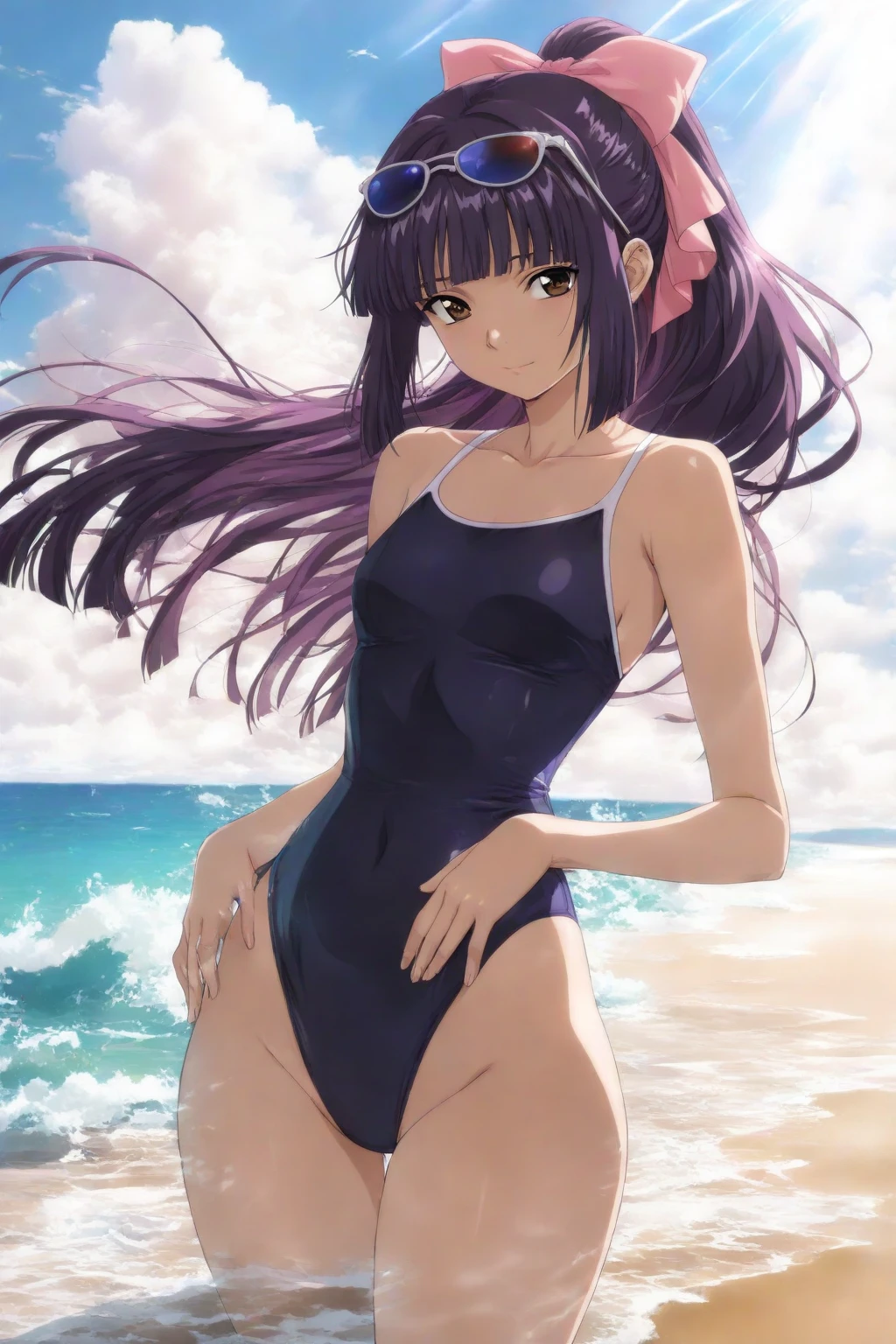 32k, best quality, ultra high res, HDR, UHD, extremely detailed CG, unity 32k wallpaper, very cute, 16-year-old girl, 1 person, Purple eyes, (Black competitive swimsuit), Beach, Long black hair, (??????????????), smile, 