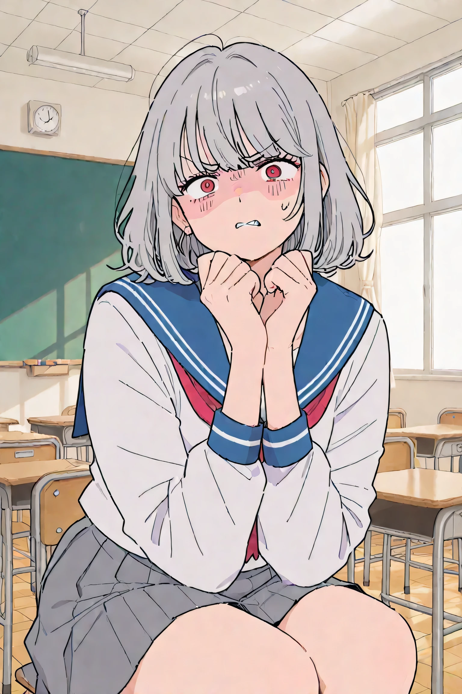 gray skirt with a plump girl、angry expression、hands crossed、looking here、sailor suit、Inside the Classroom
