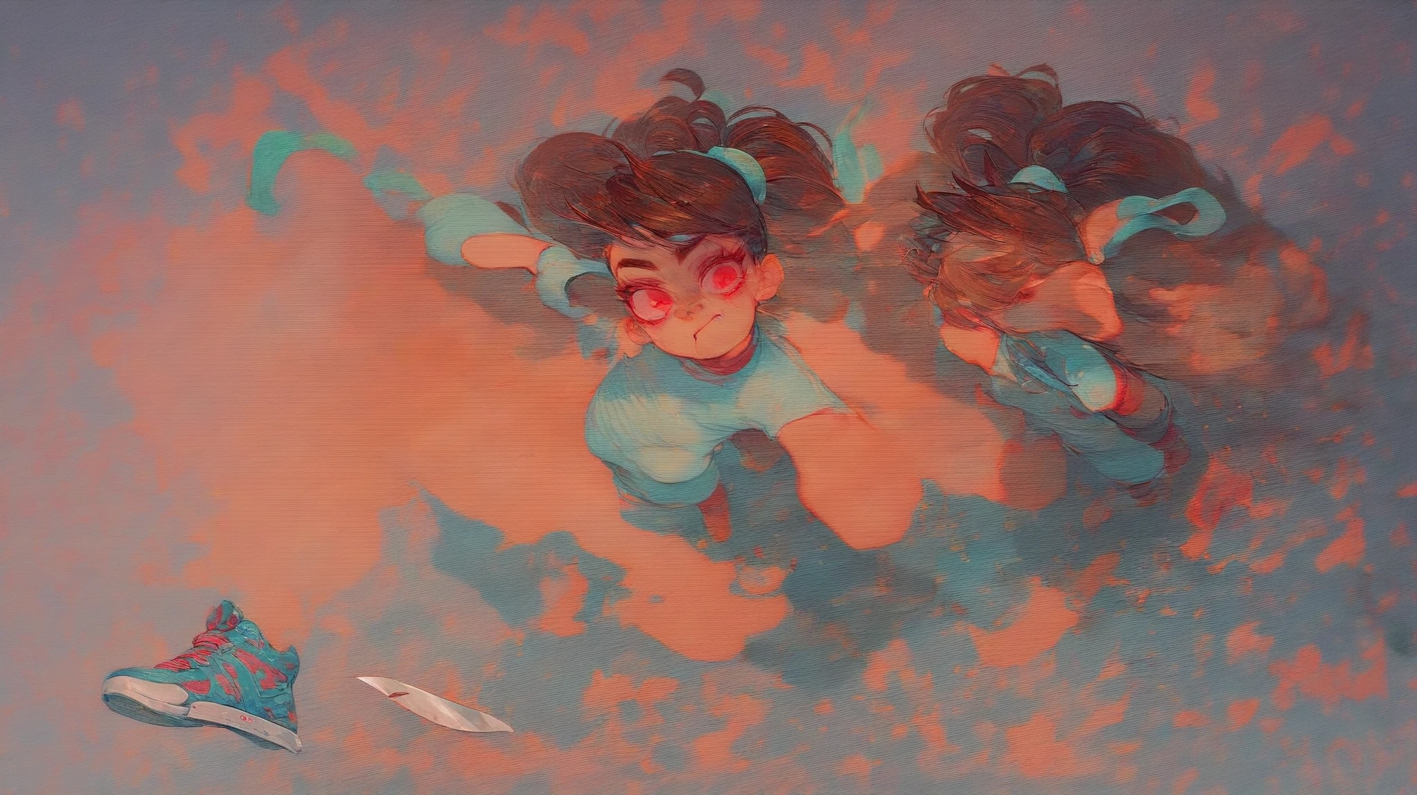 a_ey, missing tooth, 1girl, brown hair, bangs, ponytails, high ponytail, elastic band, | drill hair, small breasts, red eyes, | longsleeve, pants, sneakers, | knife,