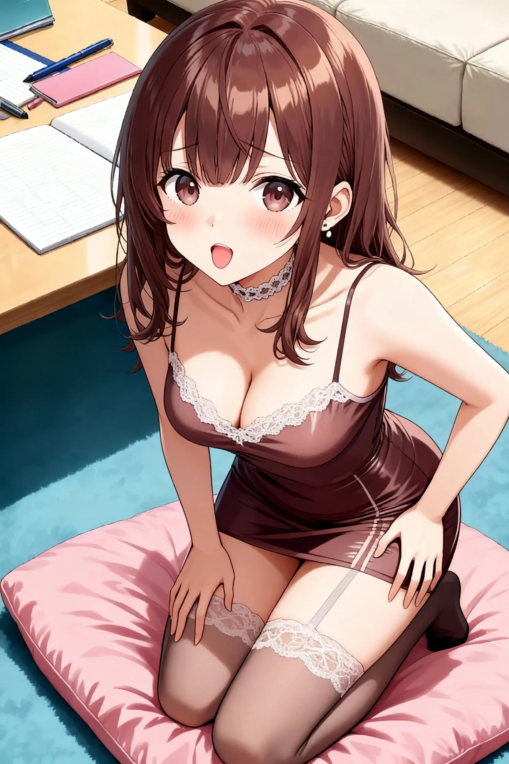 (One lady)、(​masterpiece)、(best qualtiy)、(ultra-detailliert)、(a high chroma)、(CG Illustration)、((Full Angle))、Female, 20 years old、Delicate beautiful face、(red blush)、(Wavy long hair、Dark black hair)、(dishevled hair)、((Shoulder top))、See-through clothes:1.3、((Black stockings))、(Pink Lace Panties)、(Dark blue pleated skirt)、(teats)、breasts of medium size,、((turned around))、(Woman sitting on the floor)、The best lighting、simple background