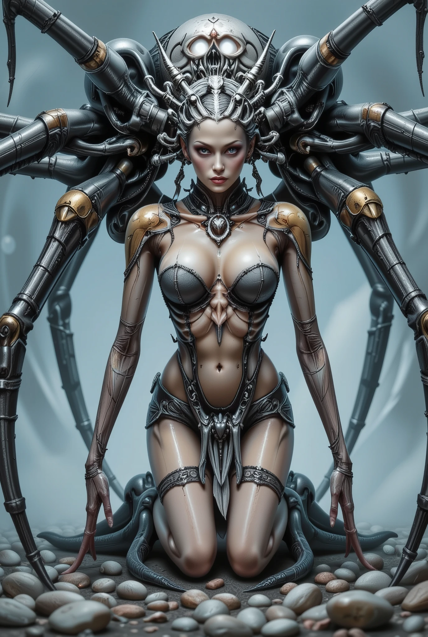 "realistic seductive spider queen, female humanoid upper body fused with monstrous spider legs, dark chitin armor, bioluminescent red eyes, multiple eyes on forehead, pearl white and golden and crimson tones, highly detailed organic textures, seductive expression, erotic fantasy horror setting, dramatic studio lighting, ultra-realistic, 8k, digital art"
