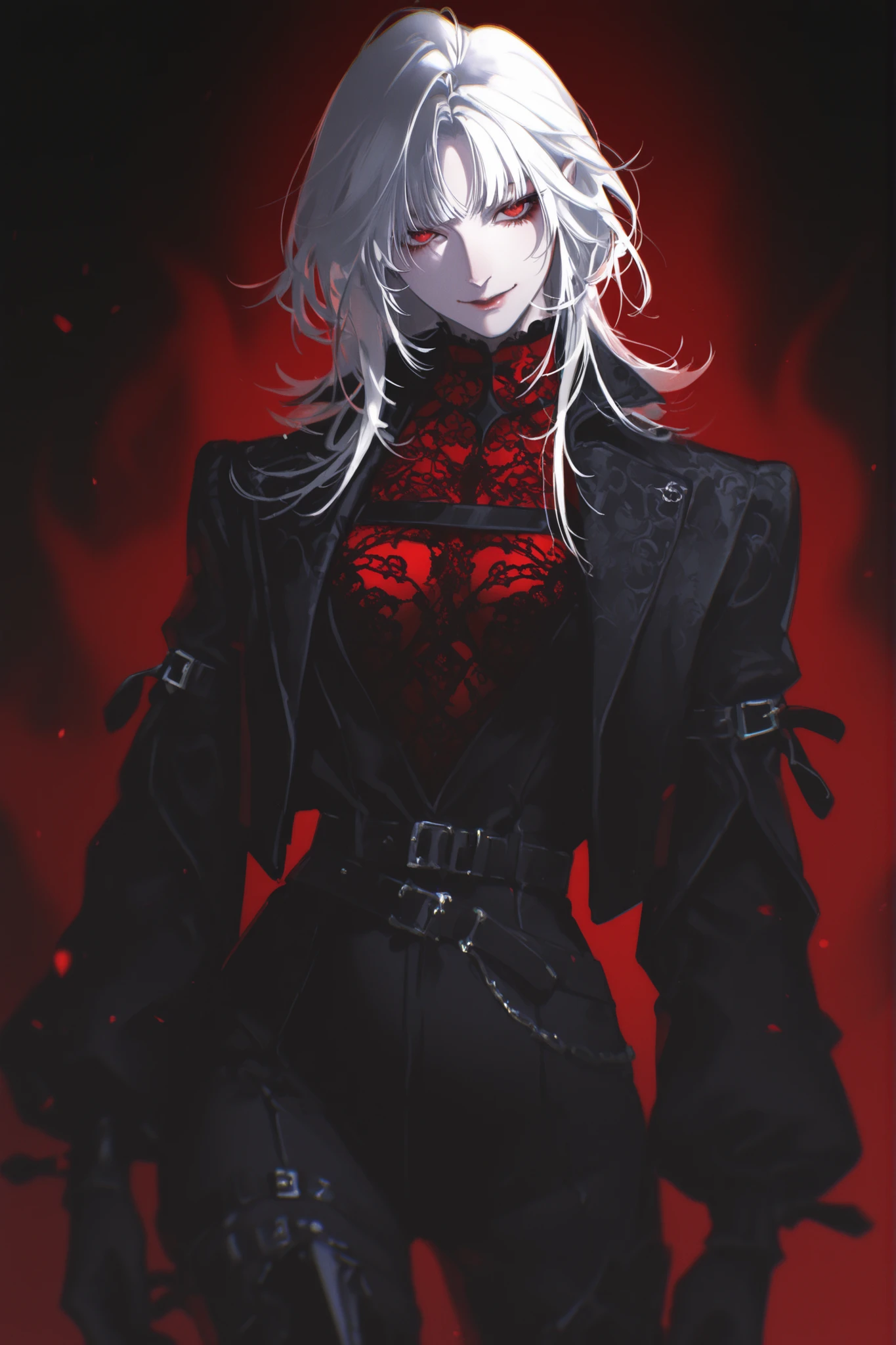 best quality, masterpiece, 1girl, white_hair, long_hair, red pattern, vampire, straight_hair, messy hair, neutral expression, mature face, dark fantasy, belts, arm belt, leg belt, lingerie pattern), 1girl, cowboy_shot, blurry, black jacket, leather, smile, eyeliner, anime_style, gothic, coquelicot from path to nowhere, ribcage, popped_collar, bloody background, red embers, open jacket, goth, black gauntlet, red undershirt, red pattern undershirt, blood, aura, black gloves, black greaves, dark knight, black armor, dark background, black one-piece bodysuit, black bodysuit, blurry_background, 1girl, yoneyama mai, parted_bangs, cut_bangs, glowing red eyes, red_eyes, edgy fashion, victorian style, fashionable, solo, blurry, chromatic aberration, portrait, rich color, beautiful light, perfect contrast, realistic facial features, detailed features, defined features, detailed hair, semi-realistic style, attractive features, dark colors, dark lighting, painted style, detailed style, black outline, perfect detail, pale skin, dull colors, anime style, semi-realistic, cute, boy, clear background, lifeless colors, dark, watercolor coloring, masterpiece, ultra detailed, 4k, 8k, ultra hd