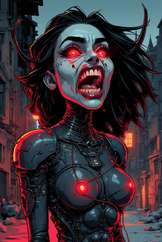 Megan fox as female carnage, (red carnage muscular physique:1.25), (mouth wide open with tongue out, carnage style), standing atop a high skyscraper at night, Realistic, Very detailed face and eyes, (masterpiece:1.1), (best quality:1.1), (highly detailed carnage :1.25), (beautiful girl face:1.45)