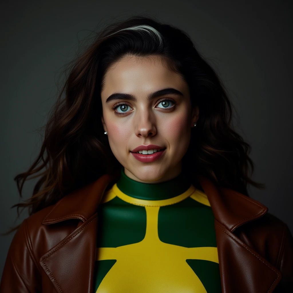 (masterpiece:1.0), (best_quality:1.2), (dark shot:1.3), Classic Rogue, 1991 Rogue X-Men, 1 girl, Only 1, head to toe view, medium length hair, brown hair, wavy hair, one lock of white hair, green eyes, mischievous look, smirk, parted lips, fit figure, , red lipstick, heavy makeup, confident look, backlit, (realism: 1.5), (Realistic: 1.4), (Absurdity:1.4), 8k, ultra-detailed, Detailed Beautiful Woman, very physically fit girl, throwing a snowball at the viewer, (clothing: green hoodie, hood over her head, denim jeans, gloves), (background: midnight, winter scene in New York City, lots of snow), official art, extremely detailed CG unity 8k wallpaper, perfect lighting, Colorful, ultra high res, photography, 8K, HDR, Kodak portra 400, film grain, blurry background, (bokeh:1.2), (vibrant_color:1.2), film grain:1.2, (warm hue, warm tone:1.2), (color photo), professional photograph