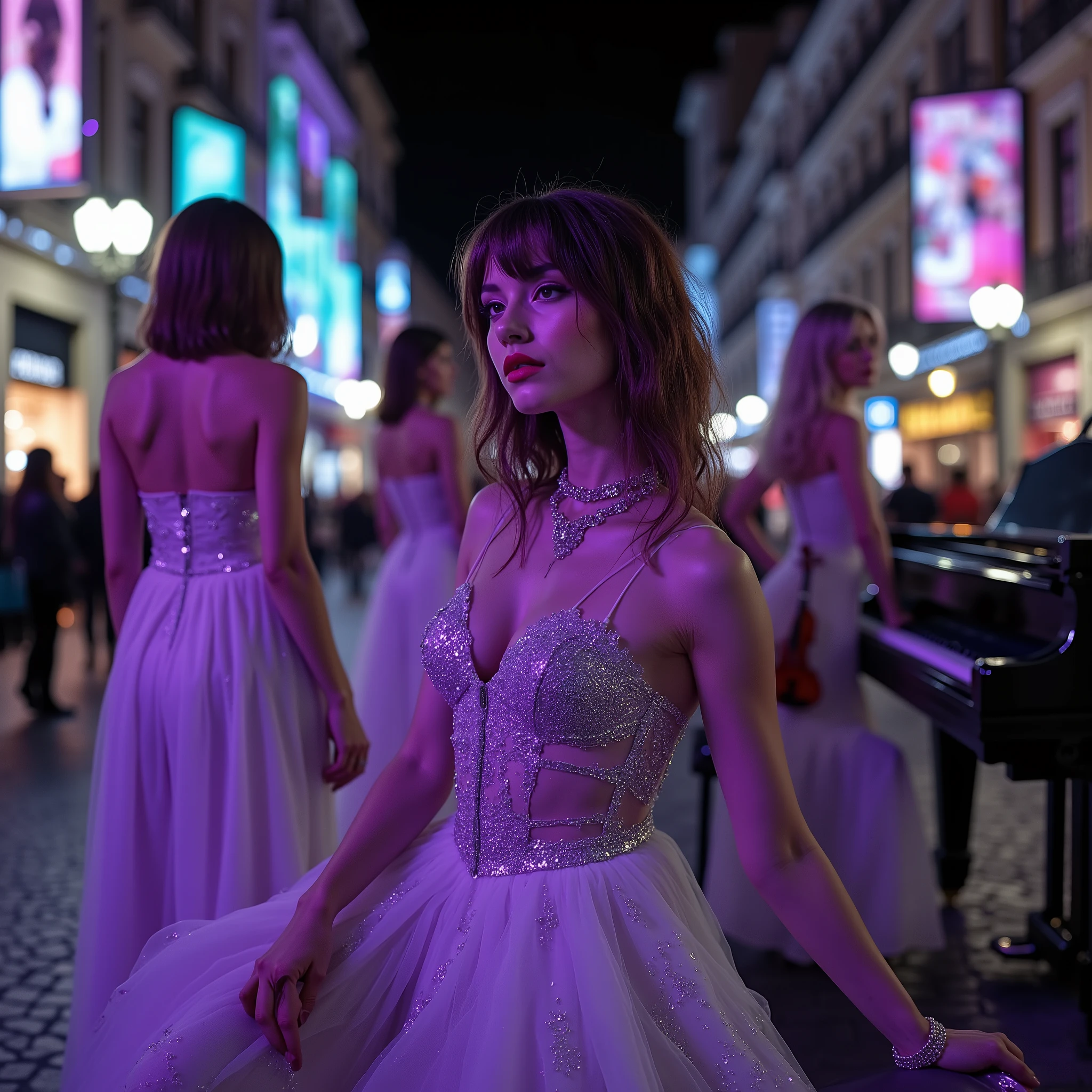 {realistic photo style, high contrast, overall cool color scheme, featuring pale purple and pale green, blur effects}, {a scene of the fashion district in the heart of Milano, an open-air shooting scene, nighttime}, {a young Italian orchestra groups, several women, they all fashion model-inspired look, funky vibes}, {each one faces in a different direction}, {some of them are holding violin, and one of them is sitting on a chair of a grand piano}, {slender figure, elegant, wearing silver accesories}, {wearing concert dresses, but distorted, crooked, unusually, odd design, funky, their hairstyle vary}, Smart moves don’t suit me, no, I don’t play that kind of show. Got my own groove, you see, and I’m fine just bein’ me. No need to follow lines, just roll where your heart flies. Do your thing, just let it flow, be free, that’s how I roll. Don’t care what they’re sayin’ out there, want what you want — don’t be scared. {dramatic}, {cinematic}, {cover art style}