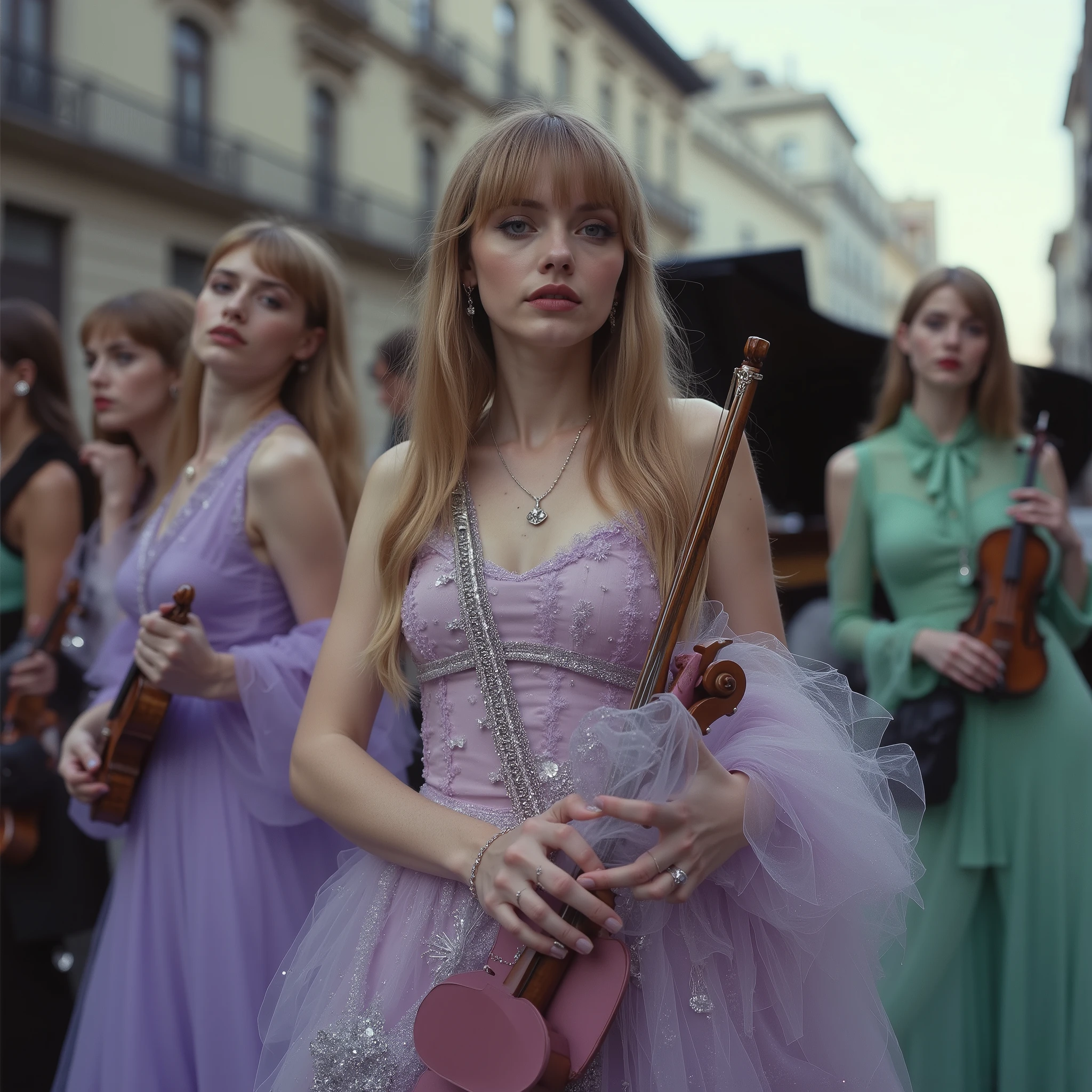 {realistic photo style, high contrast, overall cool color scheme, featuring pale purple and pale green, blur effects}, {a scene of the fashion district in the heart of Milano, an open-air shooting scene, cover art photo shoot, daytime}, {an adult Italian orchestra groups, many women, they all fashion model-inspired looking, funky vibes}, {each is standing in random positions, with no sense of unity, facing in different directions, about half of women own a violin, but they hold it in various ways, a few grand piano behind them}, {slender figure, cool, elegant, wearing silver accesories}, {wearing concert dressed, but distorted, crooked, unusually, odd design, funky, their hairstyle vary}, Smart moves don’t suit me, no, I don’t play that kind of show. Got my own groove, you see, and I’m fine just bein’ me. No need to follow lines, just roll where your heart flies. Do your thing, just let it flow, be free, that’s how I roll. Don’t care what they’re sayin’ out there, want what you want — don’t be scared. {dramatic}, {cinematic}, {cover art style}