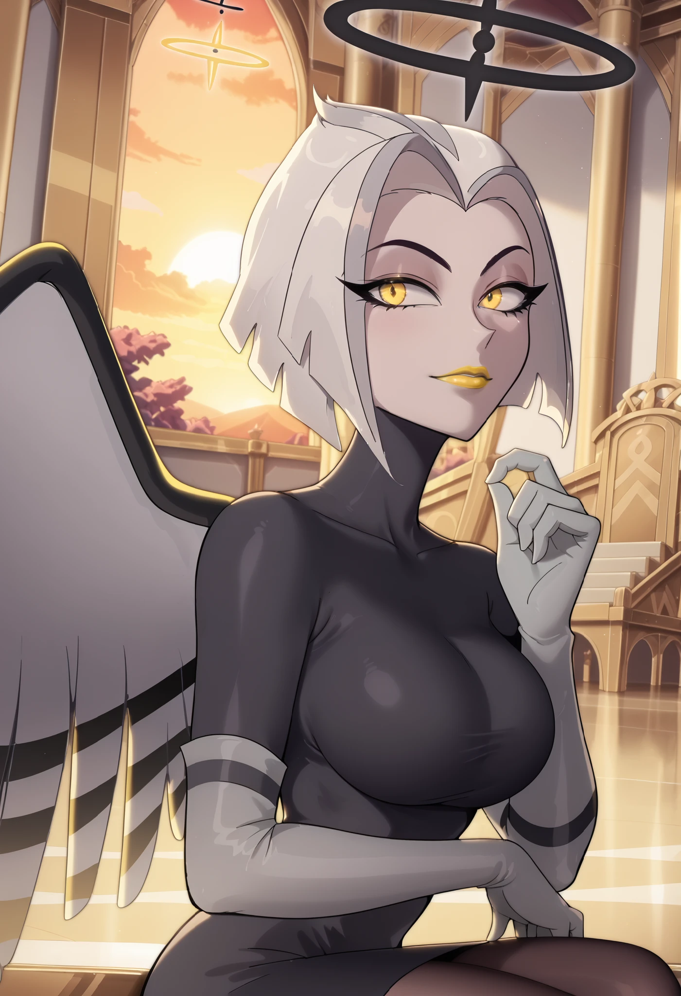 Woman, anime style, large breasts, yellow lipstick, white skin, yellow eyes, white hair, focus on the character, looking at the viewer, angel wings, solo, sitting on a golden throne, side view, illuminated room, white room, golden sky, yellowish sky, gray outfit, white gloves, black halo, Lute, Hazbin Hotel 