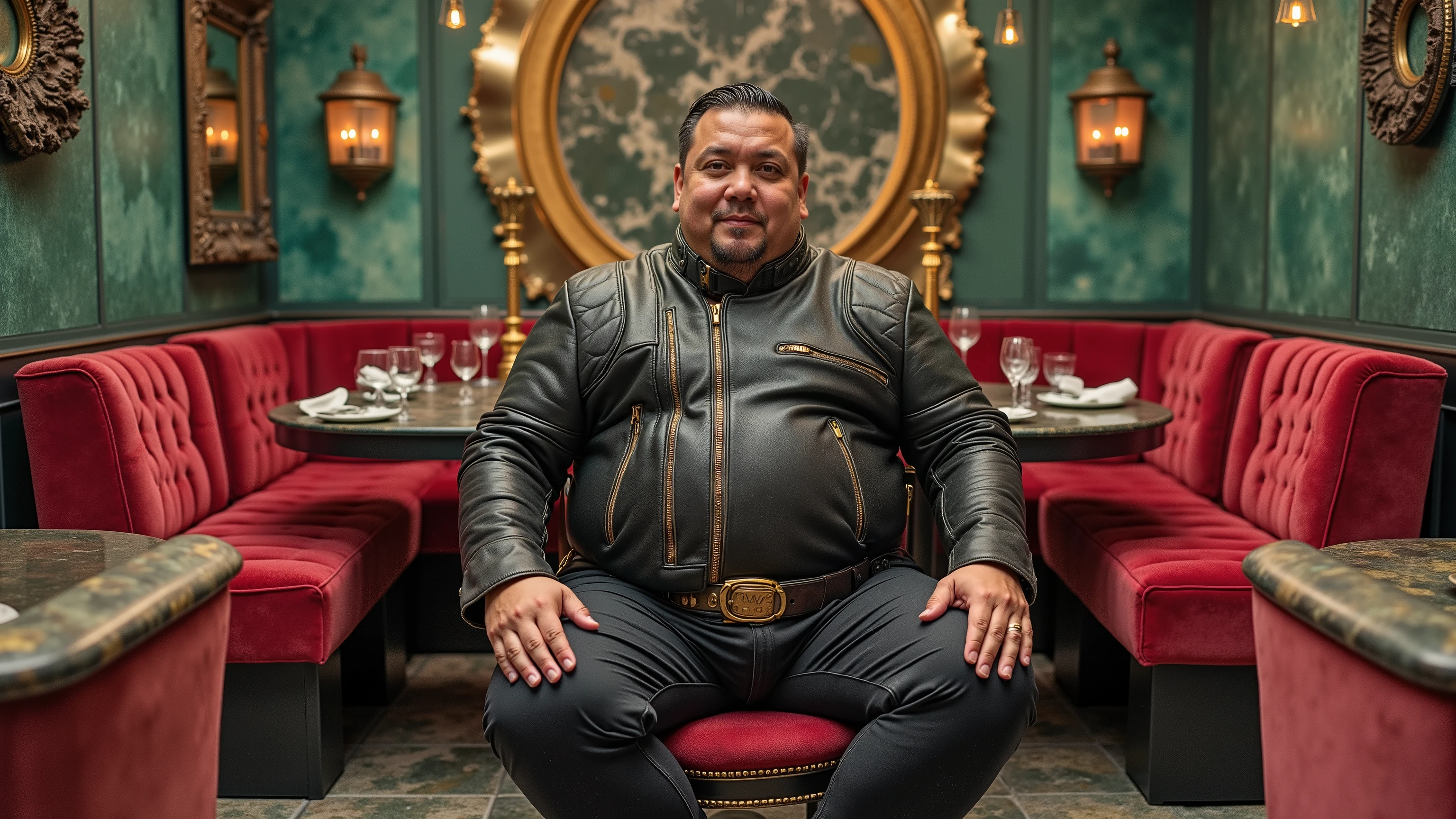 full body wide angle image of a fat 400 pound obese asian man wearing a two colored black and pink cafe racer jkt vintage leather from 1960 with extensive wear, sitting in a high end futuristic restaurant decorated with green emerald and onyx, wearing black leather pants, wearing a gold leather belt, wearing red leather boots the chairs are red velvet, there is a large candle on the table