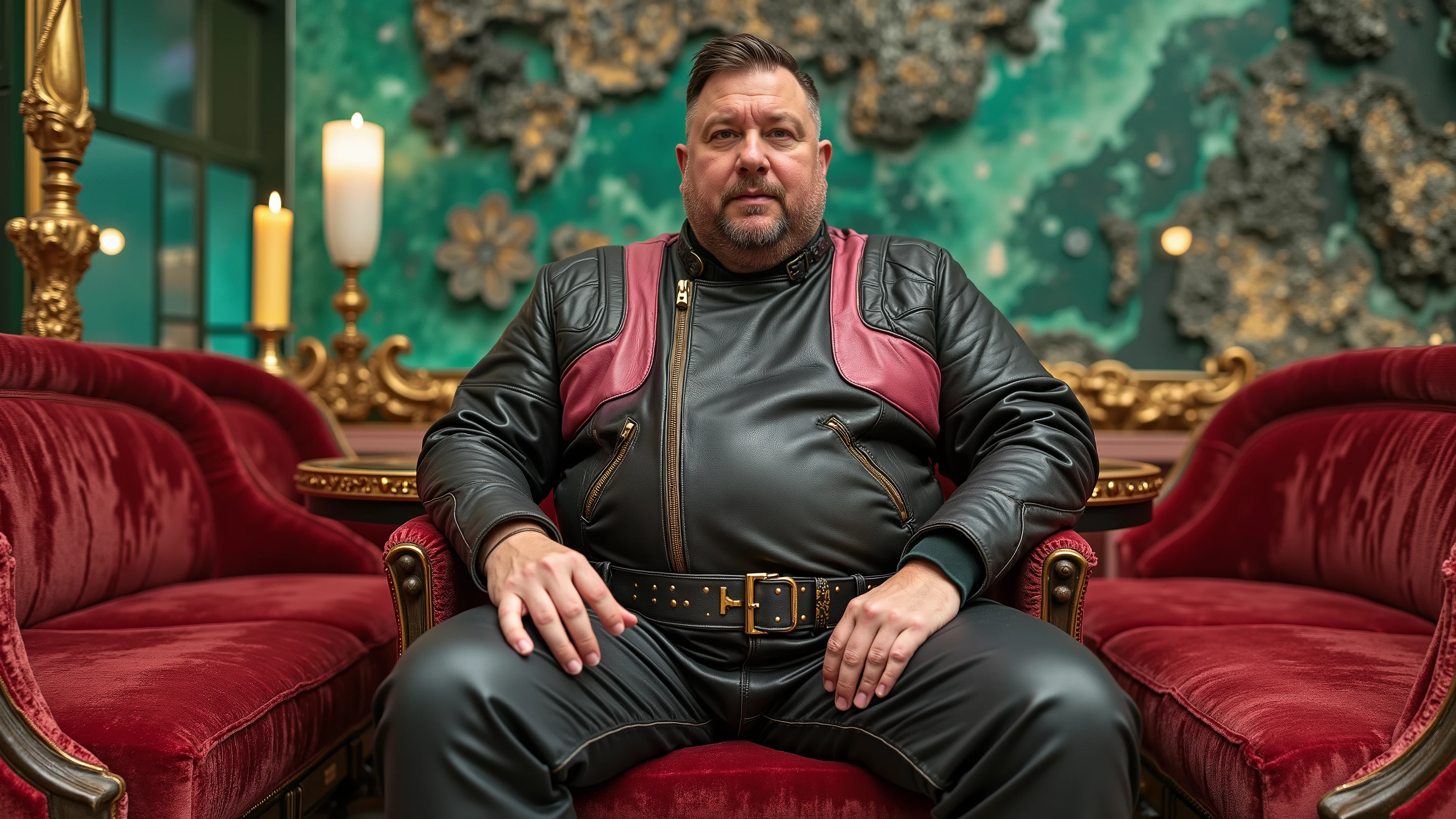 full body wide angle image of a fat 400 pound obese asian man wearing a two colored black and pink cafe racer jkt vintage leather from 1960 with extensive wear, sitting in a high end futuristic restaurant decorated with green emerald and onyx, wearing black leather pants, wearing a gold leather belt, wearing red leather boots the chairs are red velvet, there is a large candle on the table
