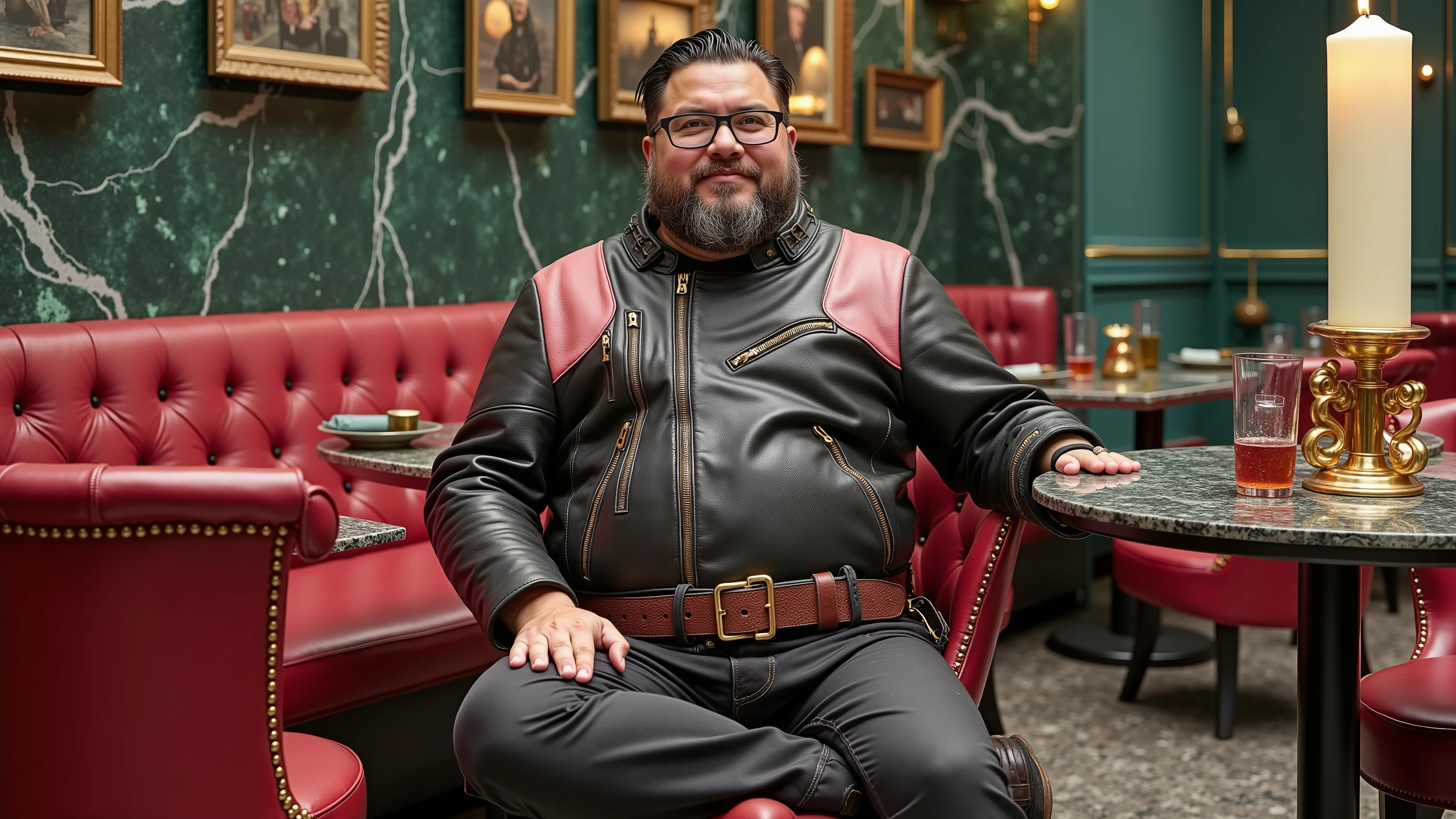 full body wide angle image of a fat 400 pound obese asian man wearing a two colored black and pink cafe racer jkt vintage leather from 1960 with extensive wear, sitting in a high end futuristic restaurant decorated with green emerald and onyx, wearing black leather pants, wearing a gold leather belt, wearing red leather boots the chairs are red velvet, there is a large candle on the table