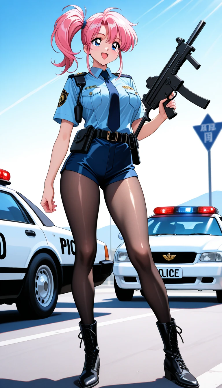 woman in a holding a gun, , glamorous, short blue plaited skirt, tied white shirt, red , midriff, black hair in pony tail