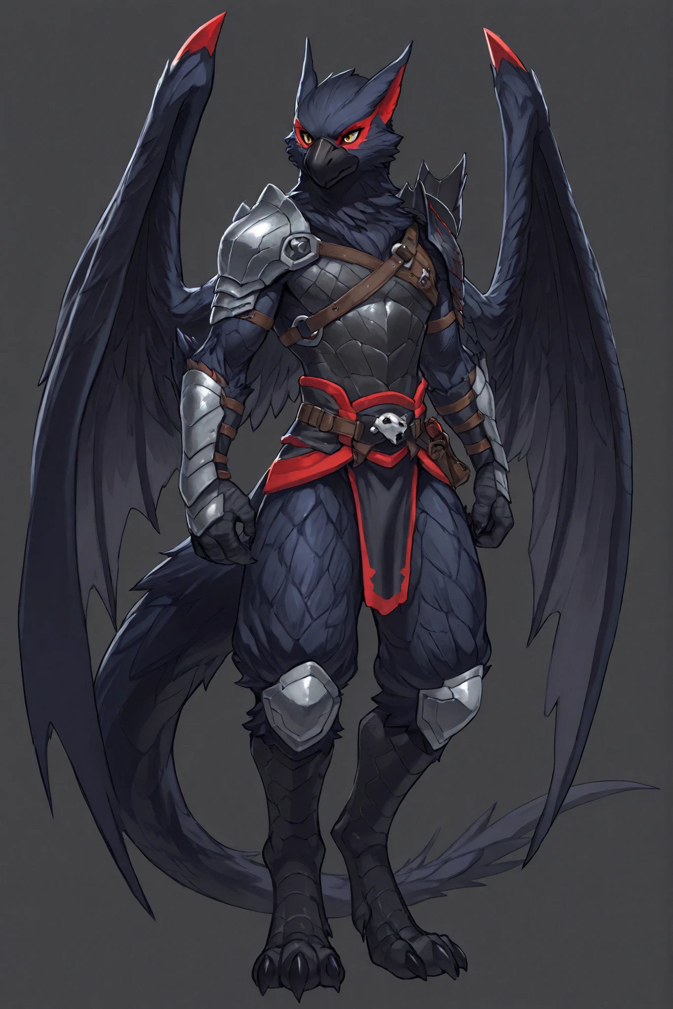 nargacuga, anthro raven, male, avian, raven wings, avian legs, lean physique, thin, one iron shoulder armor, light armor leather armor, adventurer outfit, highly detailed, best quality, fullbody art, gray background