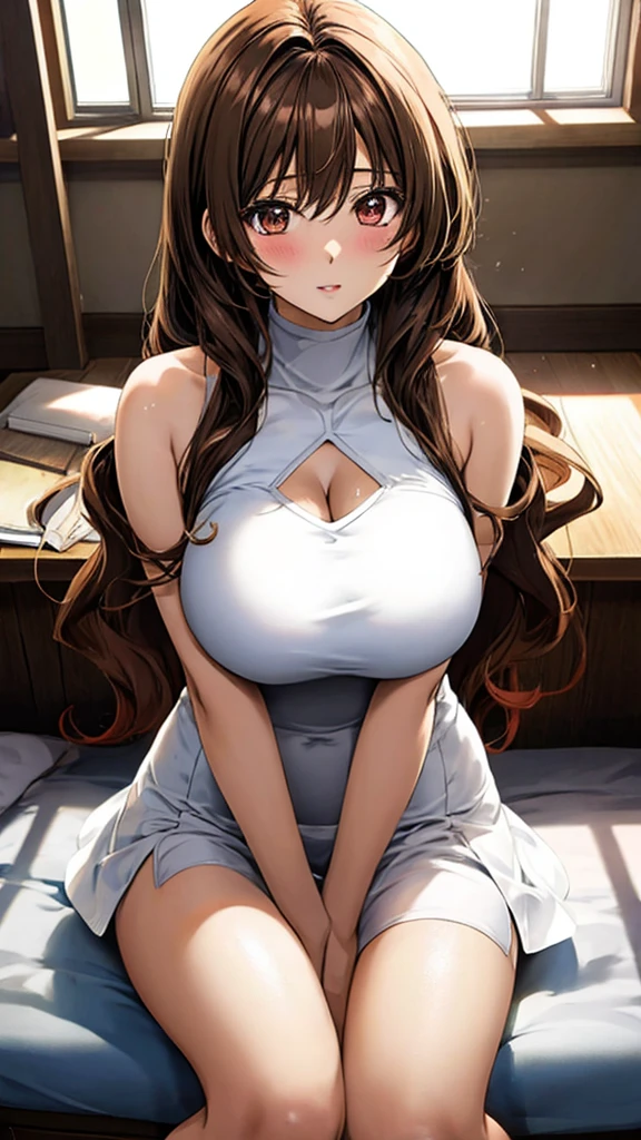 at office in background, night, looking at viewer, (()), kumashiro maya, hairband, (white dress), bracelet, thighhighs, blue eyes, mascara, 1girl, solo, black hair, (microdress), (golden), (bodycon), blush, eyeslashes, cleavage, navel, fishnet stockings, (face focus), corruption, (handbag:0.8), (o-ring:1.2), choker, jewelry, necklace, waist cutout, (standing), (, arms behinde head),
BREAK masterpiece, best quality, glowing skin, mature figure, voluptuous body, shiny skin, mature women, gigantic hanging breasts, from the front, 