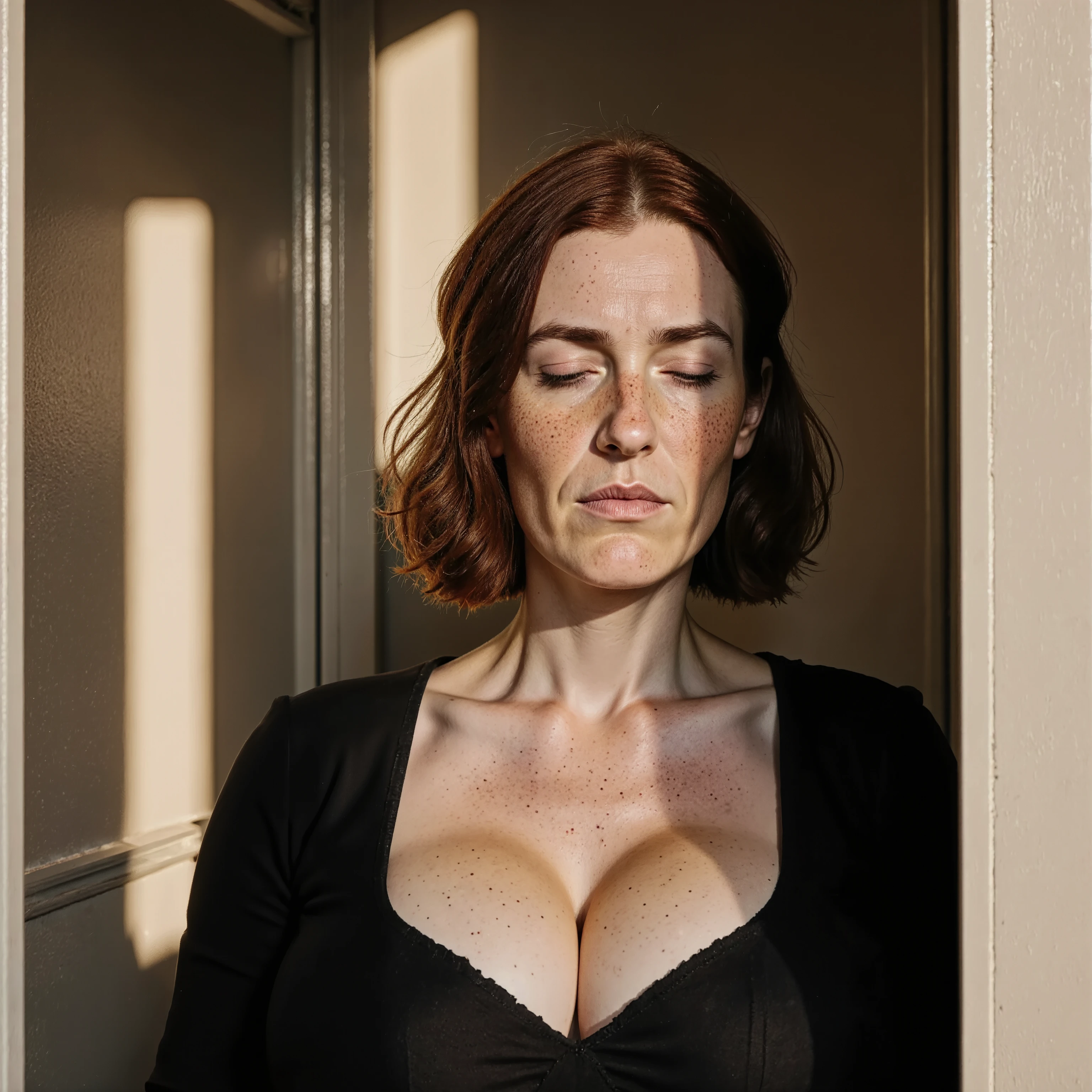 Margaret is making a confession inside a roman catholic confessional booth. dim lighting with some cone of light falling on her face. shadows. black outfit. highly detailed. large breasts and voluptuous figure. dynamic camera angle