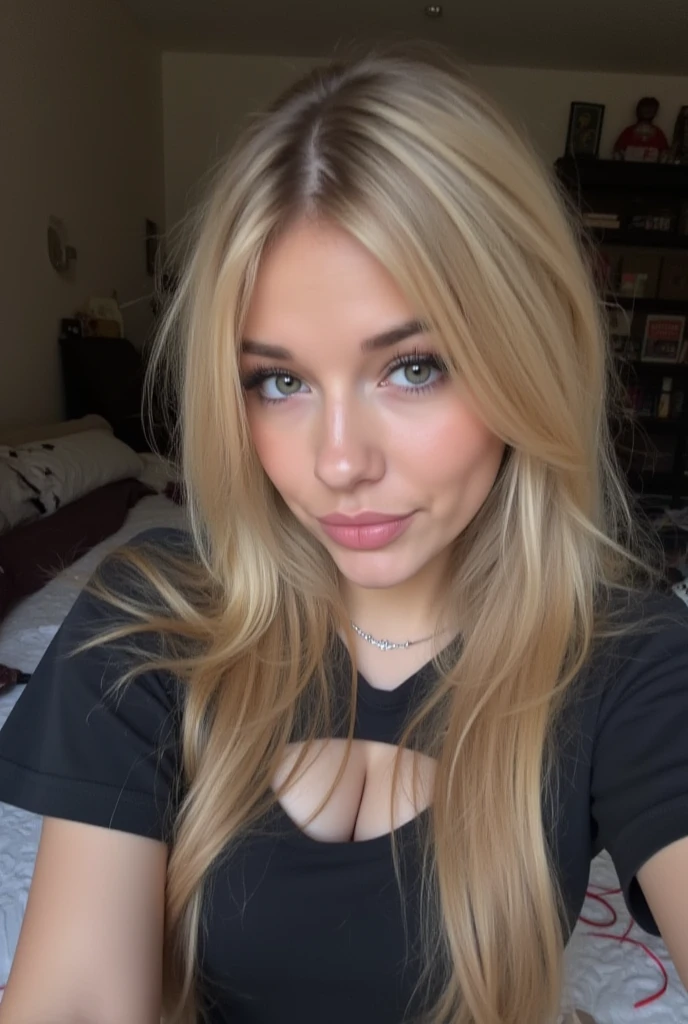 1girl in, age19, Solo, Long hair, Colossal tits, Looking at Viewer, blondehair,  shoulders, Brown eyes, jewely, Full body, a necklace, off shoulders, Sweaters, Realistic, A sexy