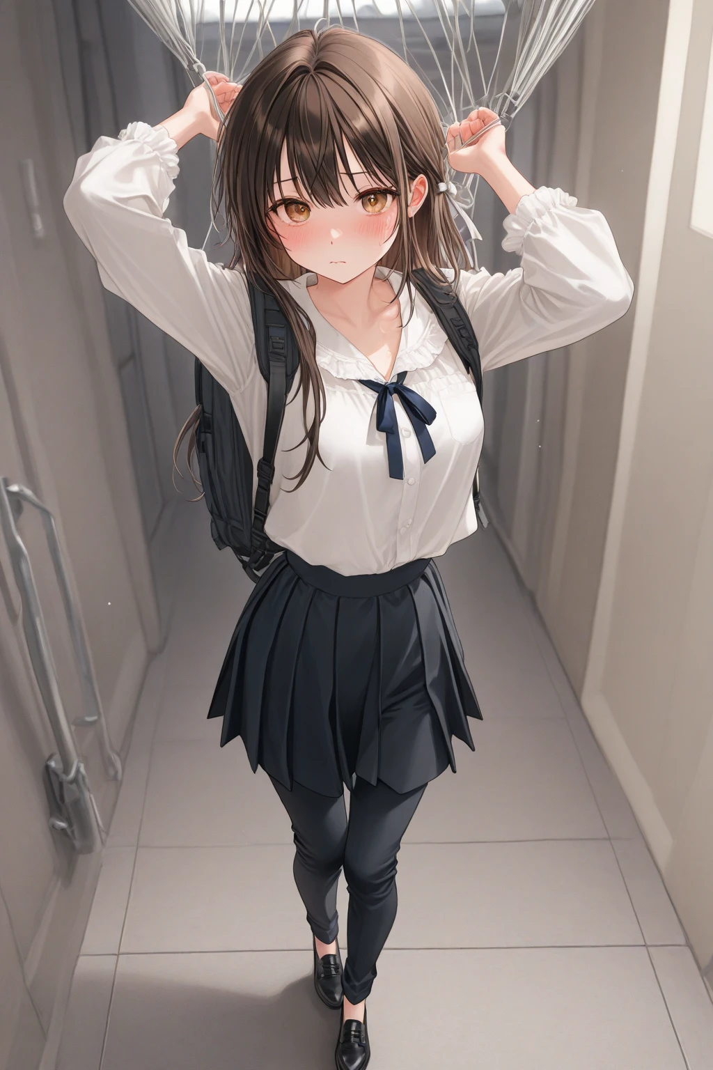 ((((( on the floor:1.5, standing, :1.5, Point your knees outwards:1.5 ) behind head,, Push your hips forward, , Voluptuous body, Slut、, ( on the floor, standing, spread,arms behind head, Point your knees outwards:1.5, Sweat,)))), Realistic composition, Doujinshi scene,, Big Thighs, Pleated skirt, White Shirt, Angry face, blush, from below
