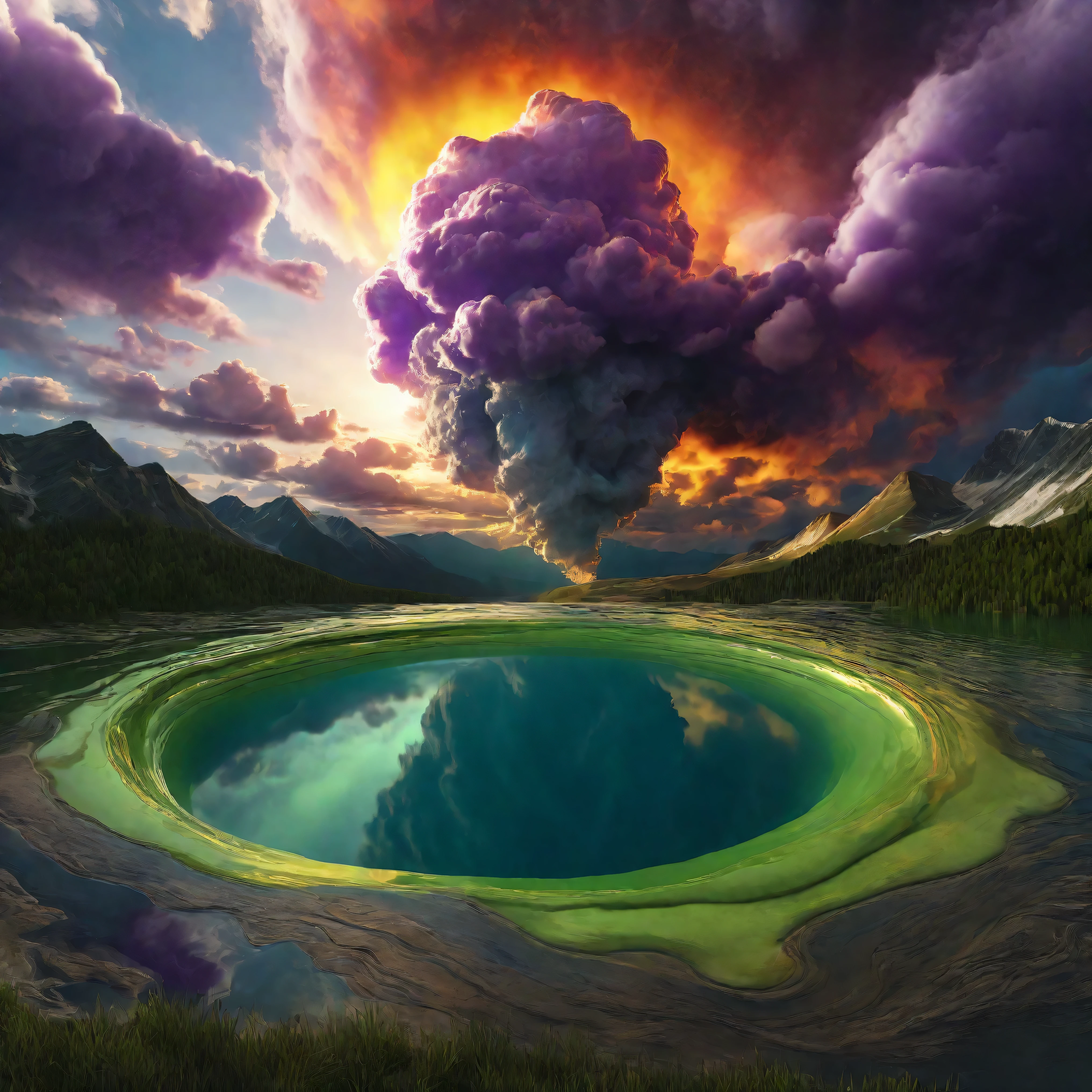 Ultra-realistic, photo-realistic, ultra- ultra-detailed, the most aesthetically incredible images of a sunset ever made. The fireball that is the sun appears overly enormous and low and overly bright in the sky, partially obscured by many cumulus clouds that have turned purple and purple-reddish as billowing filters for the bright sunlight. There is a lake below the sunset that reflects it perfectly like a mirror. Directly in the middle of the lake view there is a great whirlpool building up, and as it swirls around in a perfectly symmetrical circle of a vortex, it reveals different colored waters pushing through each other. One dark forest green colored cumulus cloud above this whirlpool is what appears to be slime green thick liquid pouring heavily out of it and is quickly absorbed by the spinning churning pool down below. Very colorful artwork. A combination of dark and bright colors contrasts beautifully together and then melts together nicely. Vibrant, dramatic lighting and shading within the image are enhanced by high-contrast lighting and coloration. Ultra-realistic, Photorealistic, 3D rendered realism, UHDR, highres, 8k Octane render, trending on artstation, stable diffusion and a dynamic fusion of landscape and a colorful atmospheric phenomenon. Visually striking composition and stunning masterpiece of out-of-this-world proportions. Experimental landscape art style in photorealism photography and lighting that highlights the textures of the lake and colorful clouds above. Optically stimulating and colorful clouds that bring the sunset to life. Otherworldly, surreal, whimsical, avant-garde, and beautiful images.