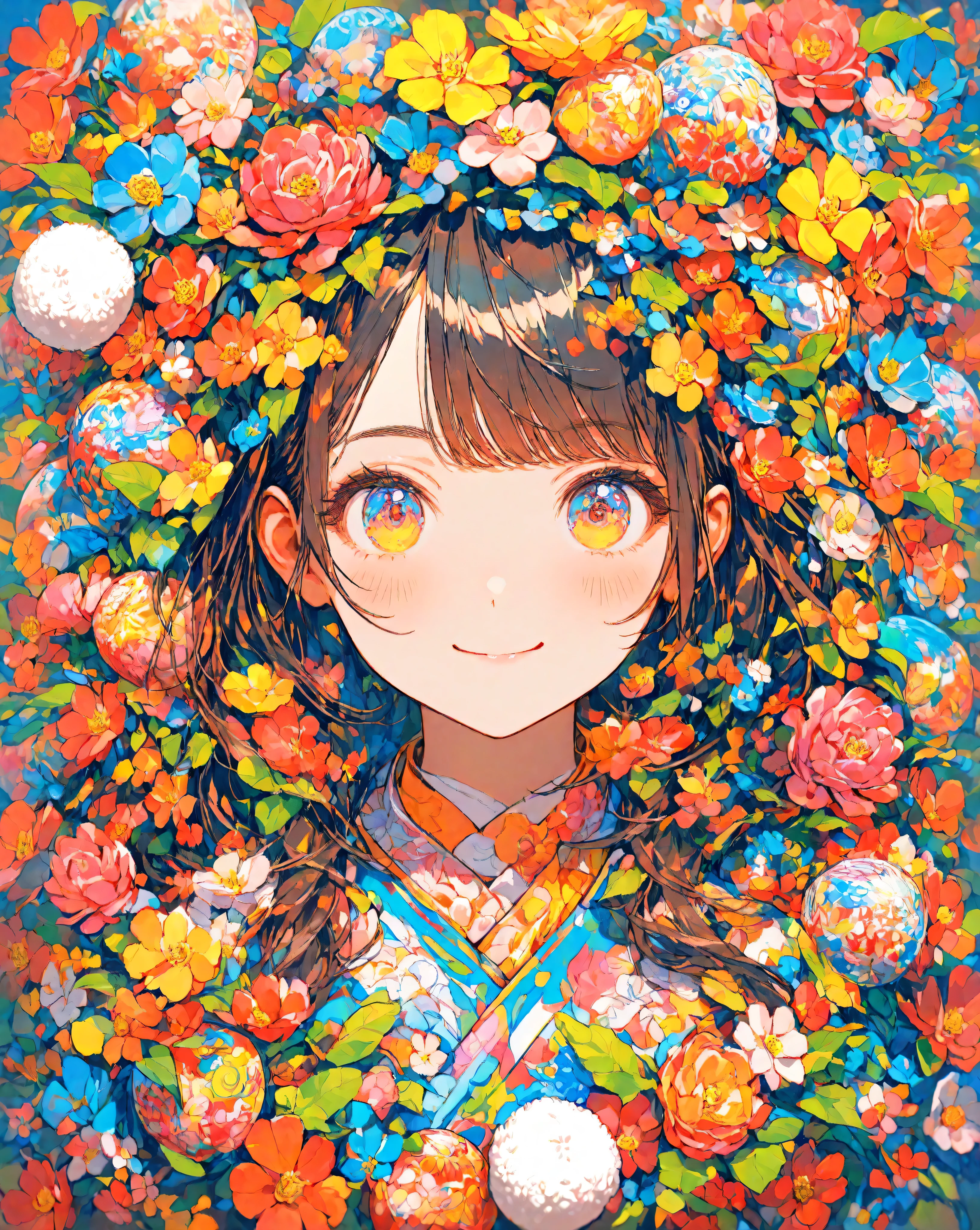 masterpiece,Highest Quality,super detailed,1 girl,Smiling,colorful,cute,Rice ball、upper body,is watching me,Flower,