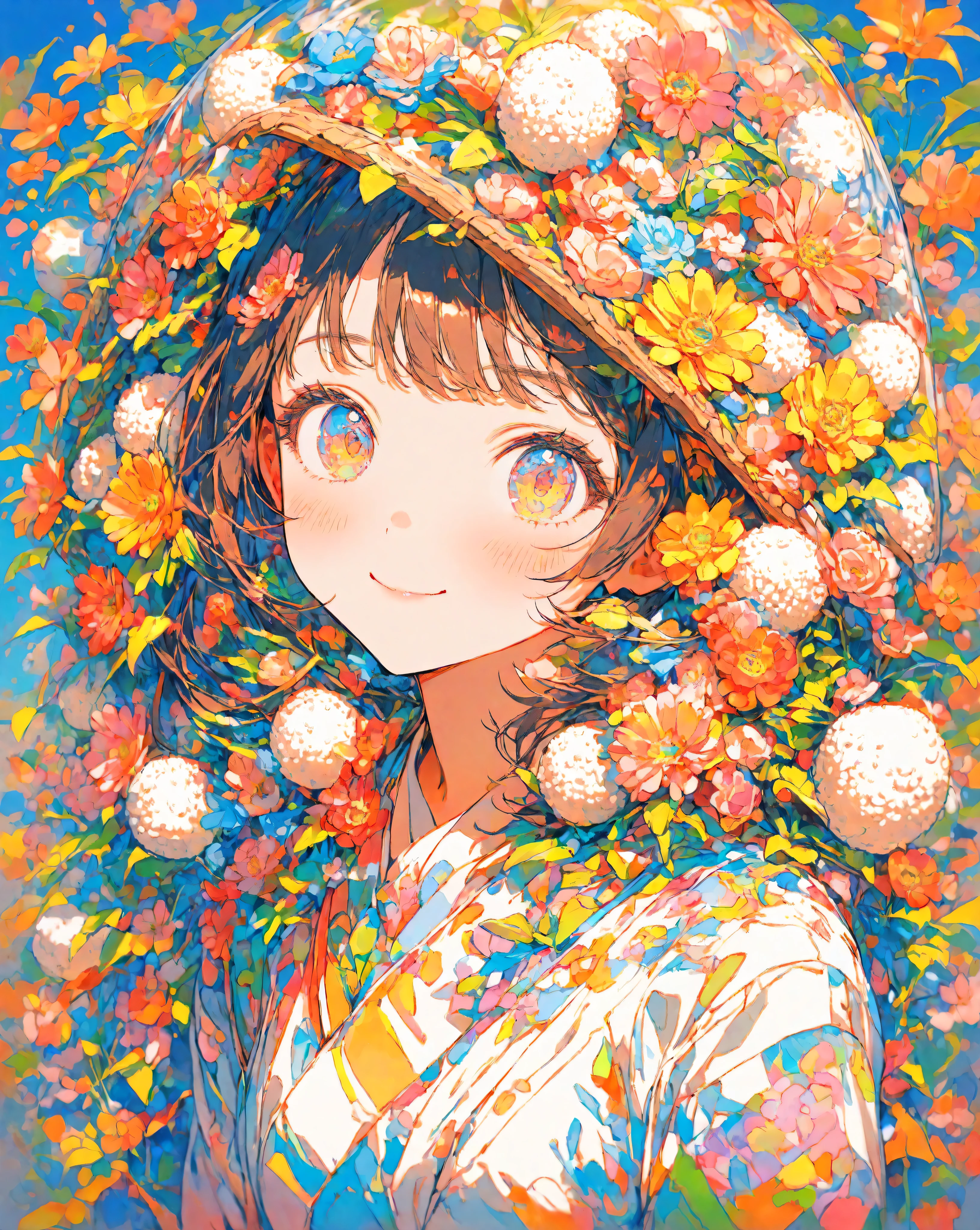 masterpiece,Highest Quality,super detailed,1 girl,Smiling,colorful,cute,Rice ball、upper body,is watching me,Flower,