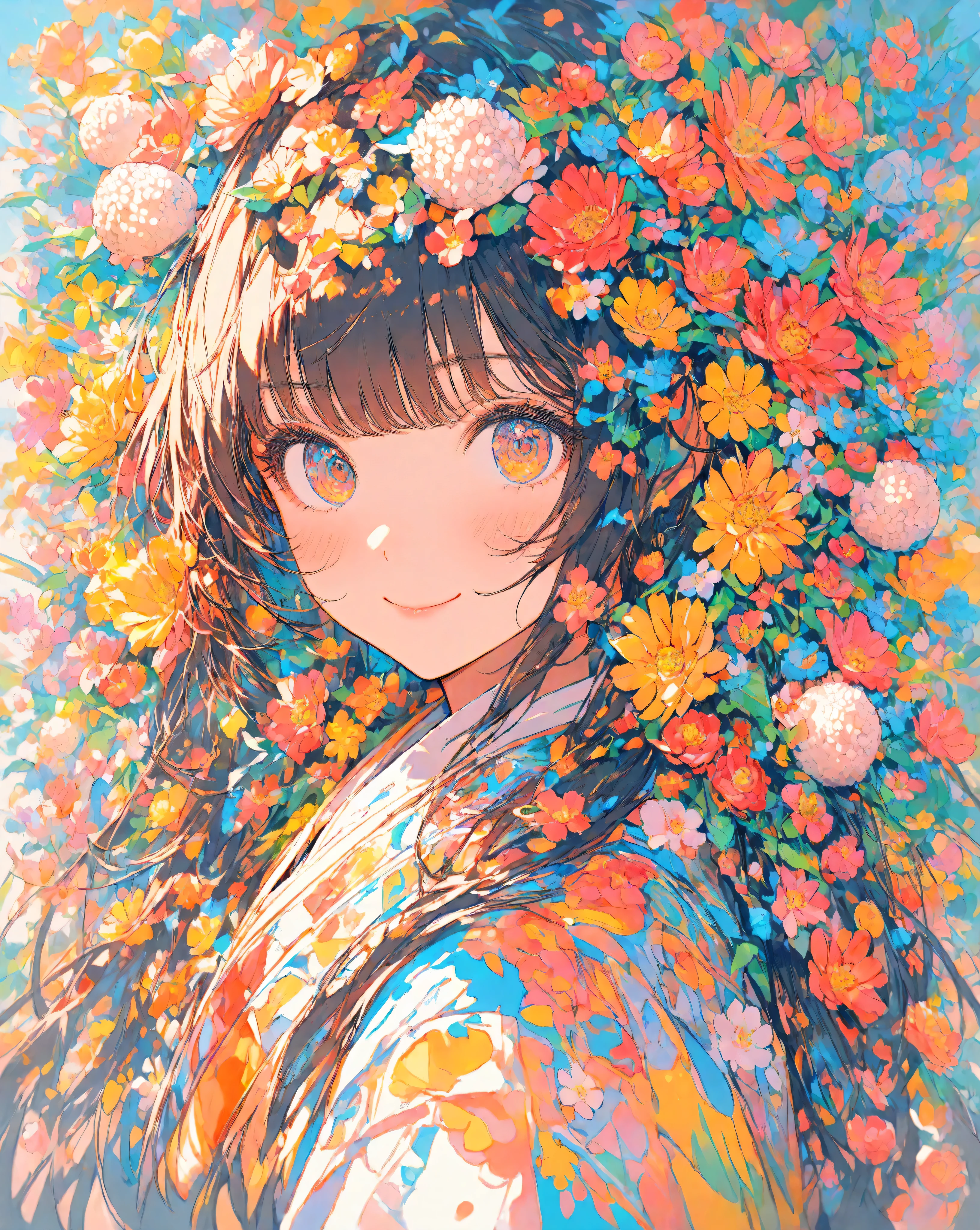 masterpiece,Highest Quality,super detailed,1 girl,Smiling,colorful,cute,Rice ball、upper body,is watching me,Flower,