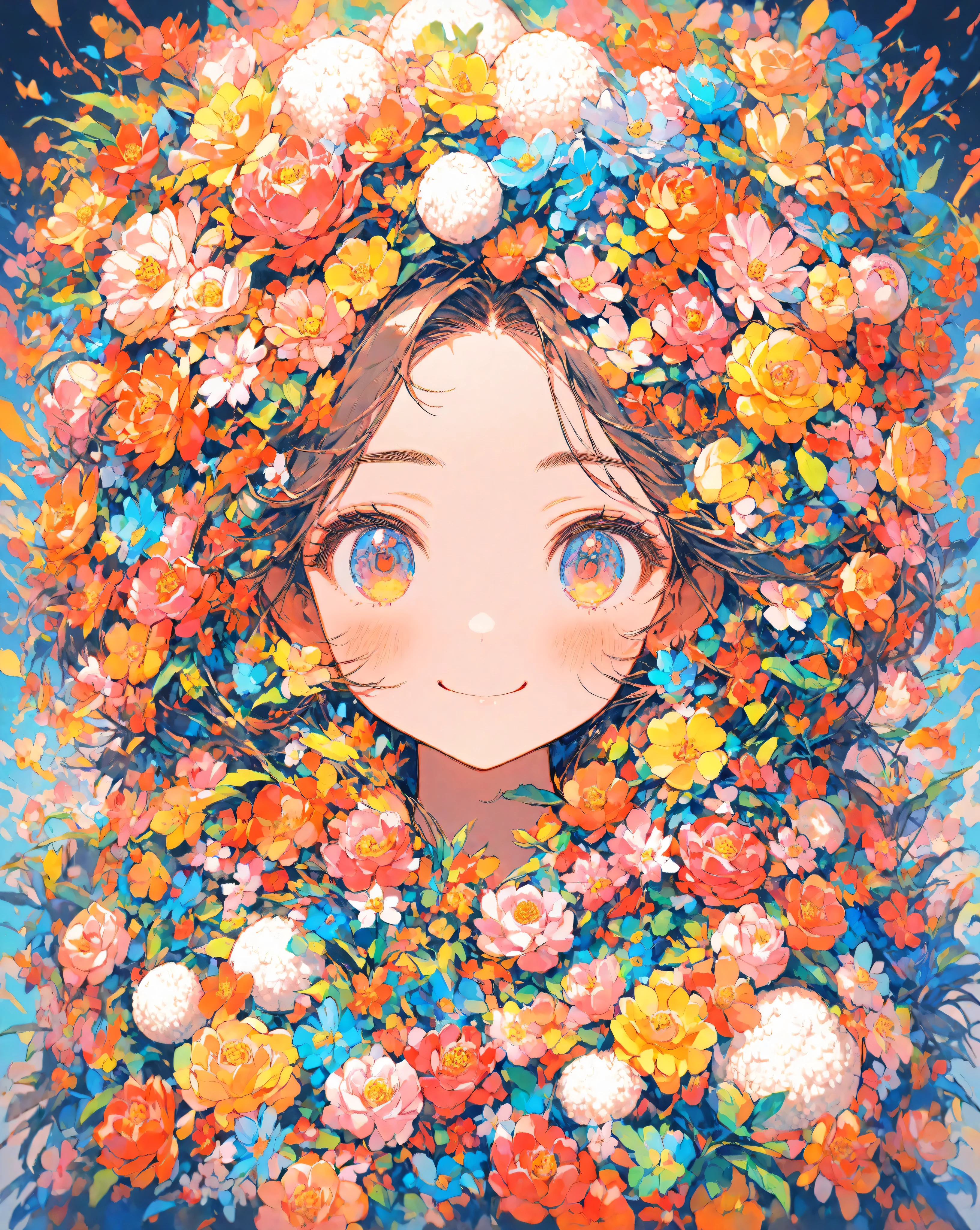 masterpiece,Highest Quality,super detailed,1 girl,Smiling,colorful,cute,Rice ball、upper body,is watching me,Flower,